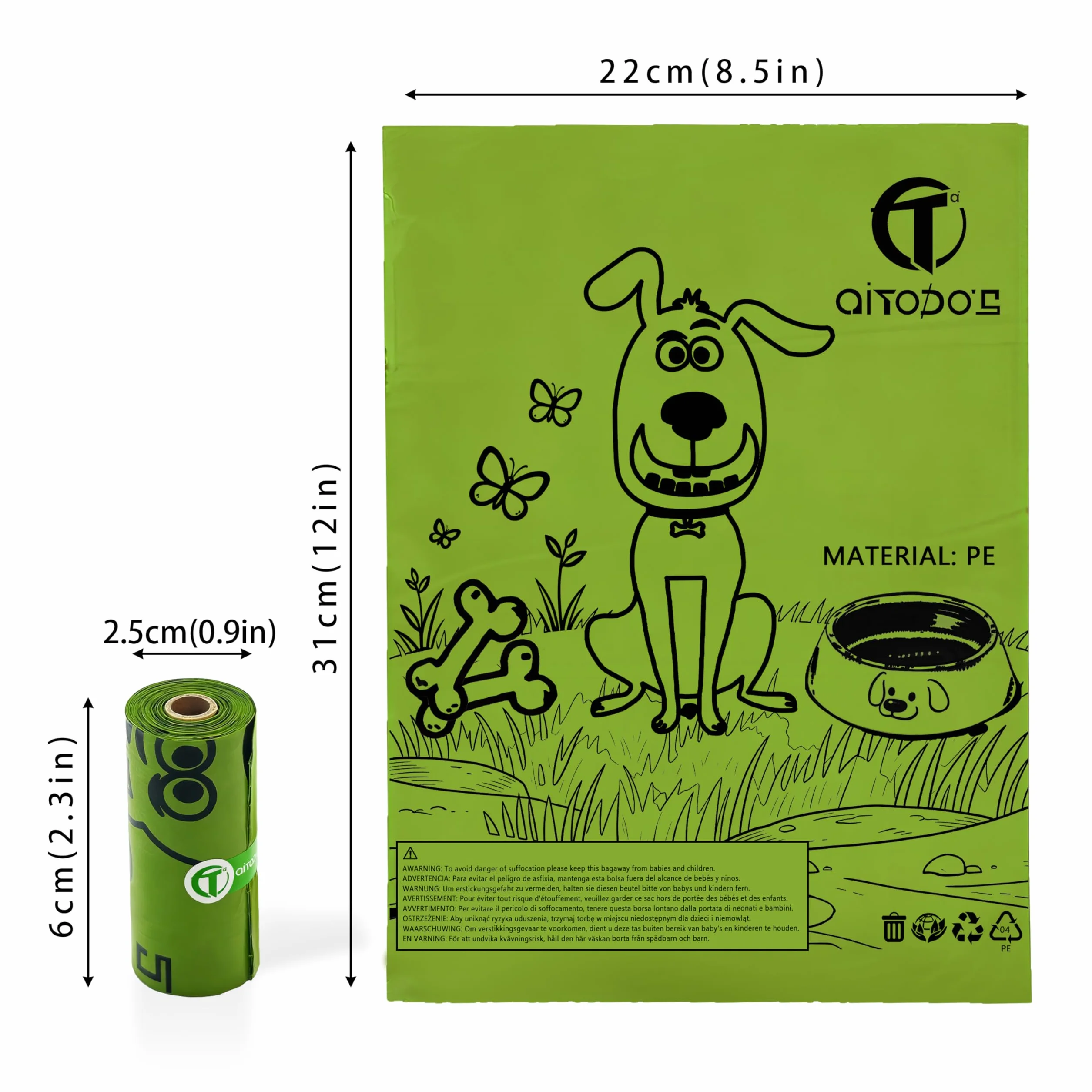 AiTodos 300 Biodegradowalne Worki na Psie Odchody 32x23 cm Zielone 20 Rolek