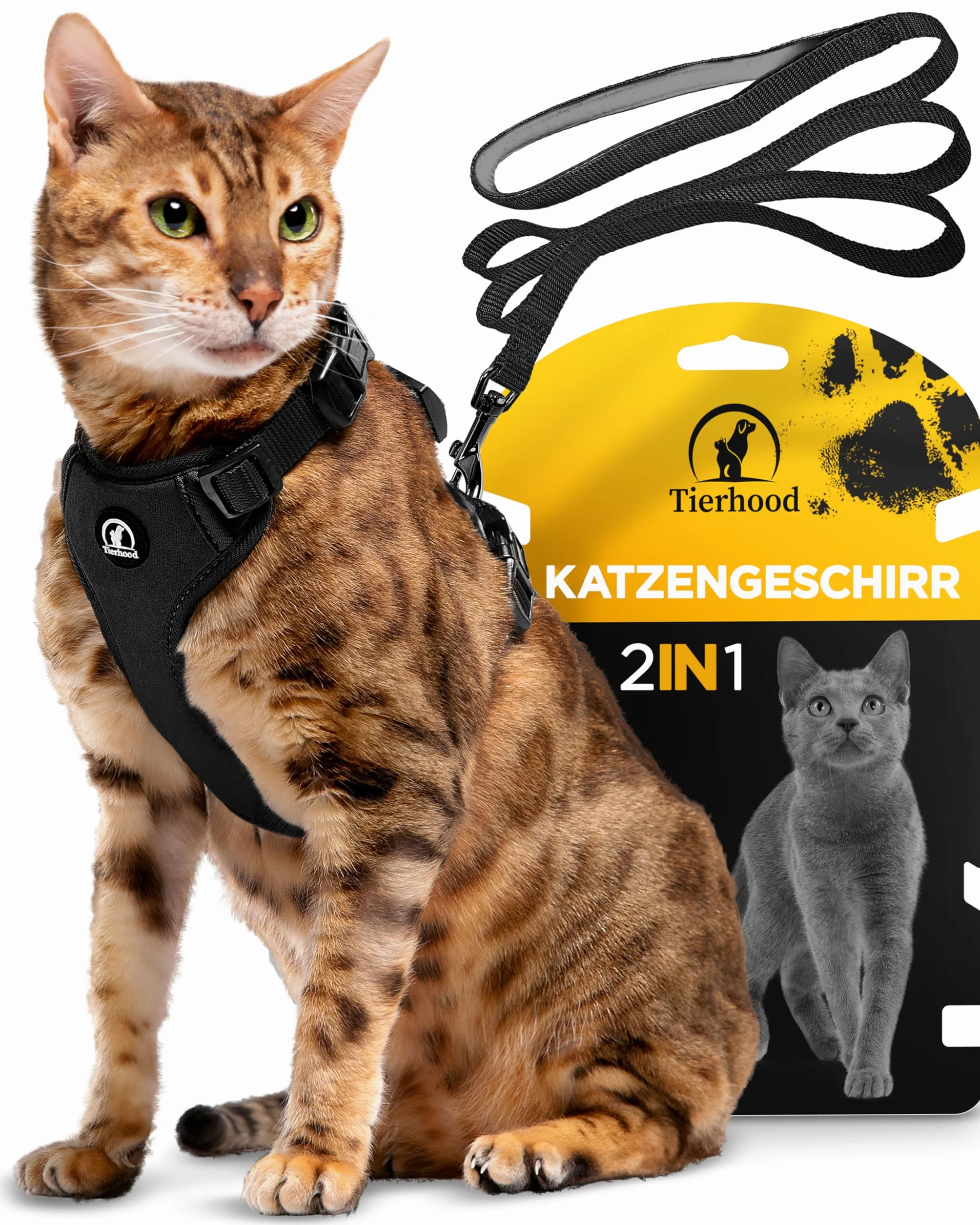 Tierhood - Uprząż dla kota [BEZ SKŁADANIA] - w zestawie smycz - dla małych kotów - zestaw naczyń z smyczą dla kota - szelki dla kota (Czarny, S (22-27 cm) (31-41 cm))