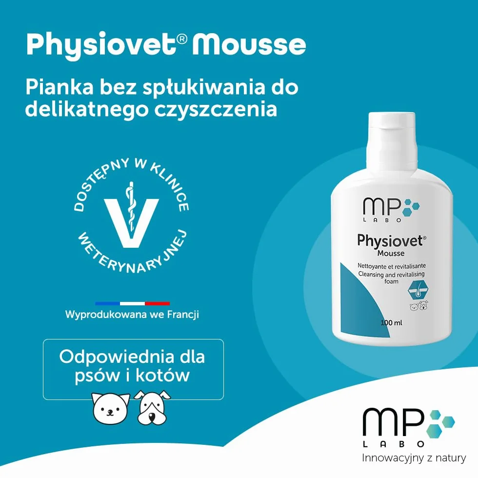 MP Labo Physiovet® Pianka 100 ml - pianka oczyszczająca i odżywcza bez spłukiwania dla psów i kotów - zapach migdałowy