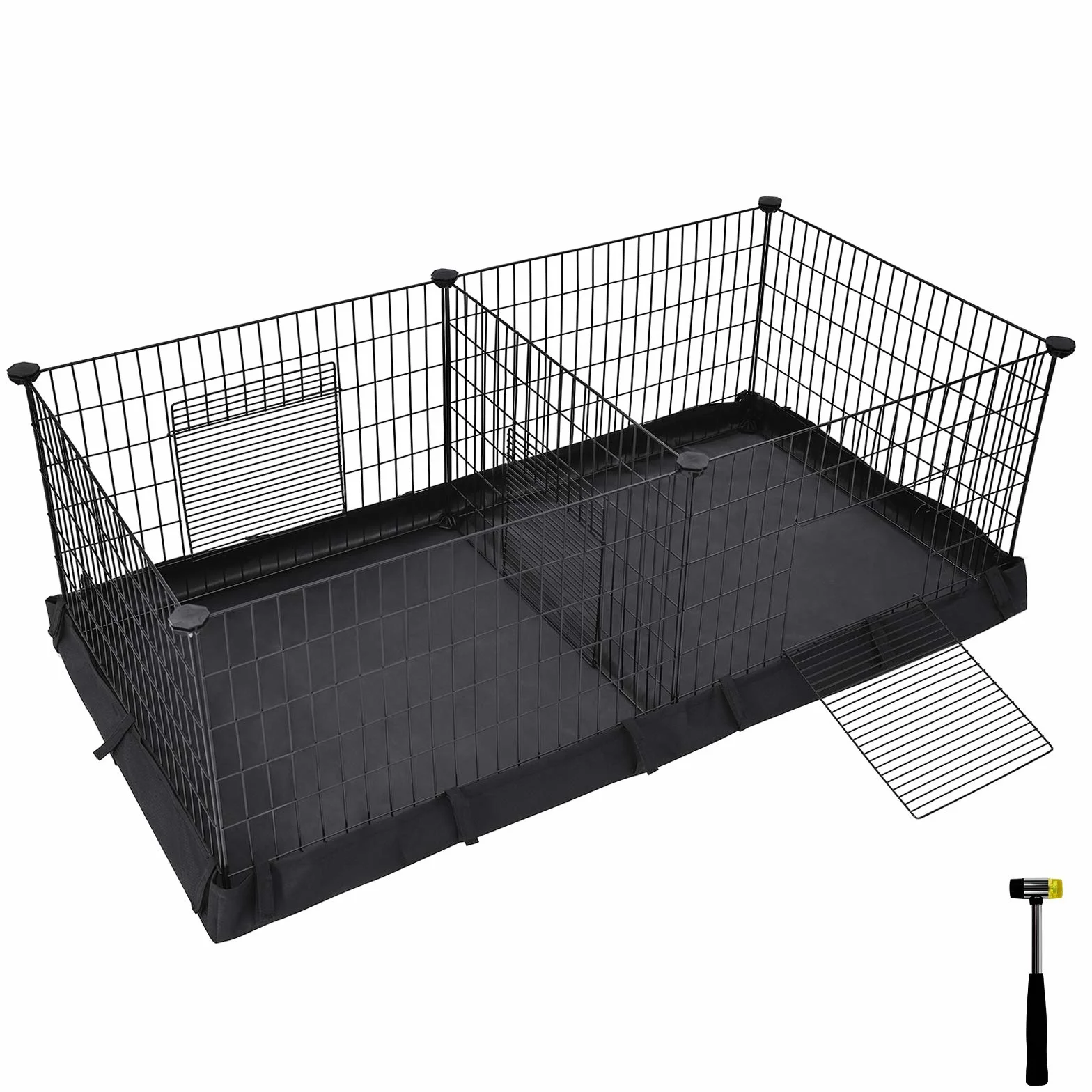 SONGMICS wybieg dla świnek morskich, wybrukowany obszar ze ścianką działową, 2 oddzielne obszary, z dnem z tkaniny, 3 drzwi, 123 x 63 x 46 cm, czarny LPI07H
