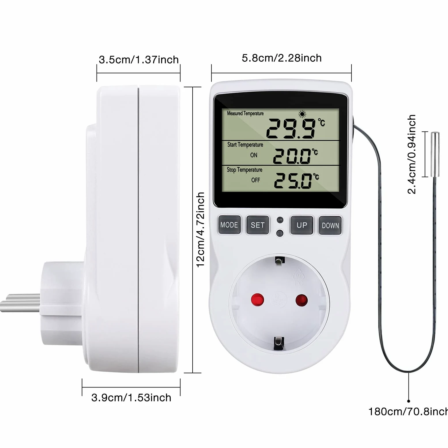 Cyfrowy termostat gniazdko elektryczne 230 V z czujnikiem i timerem do szklarni terrarium akwarium