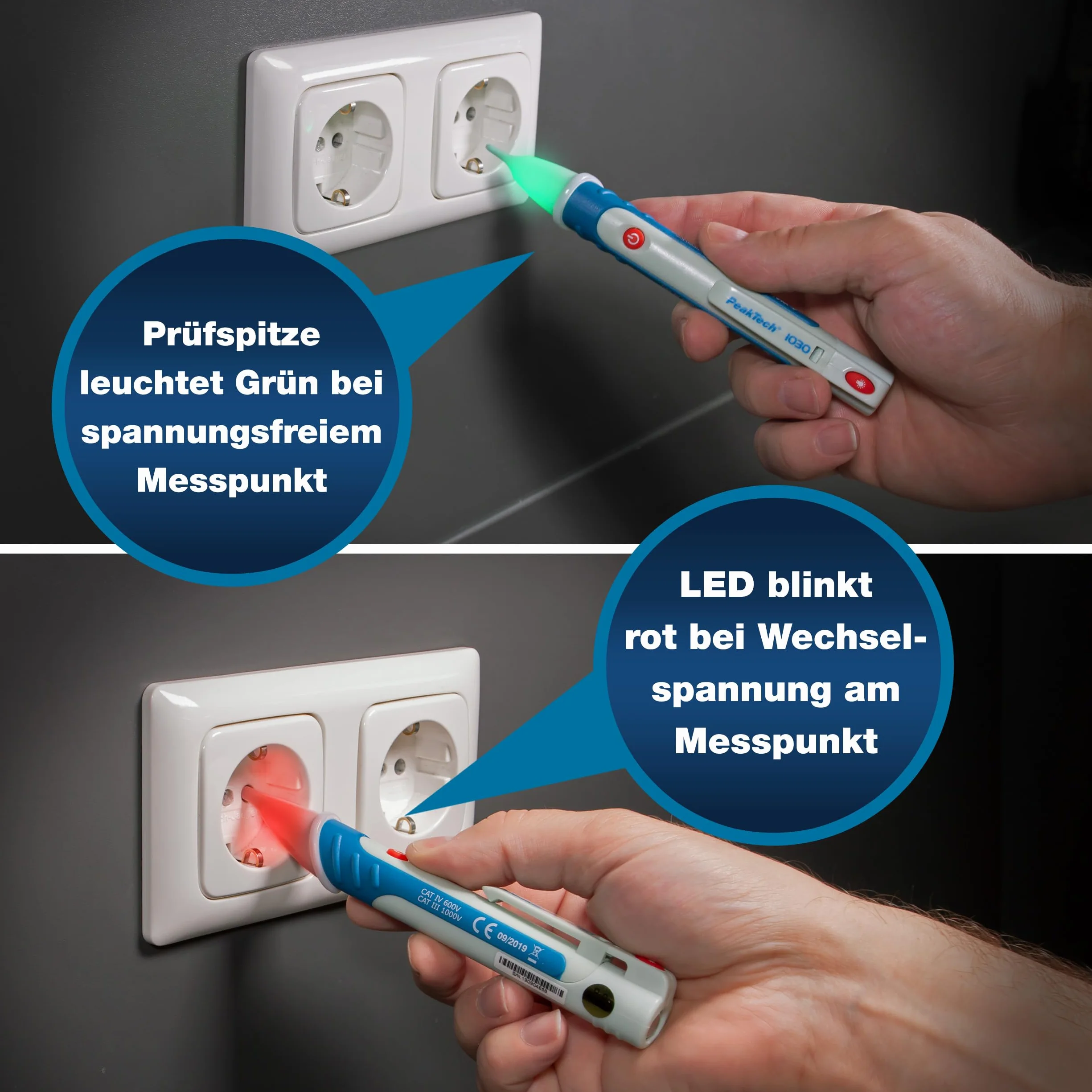 PeakTech P 1030 - Bezkontaktowy tester napięcia AC ~ 50 ... 1000 V AC ~ z alarmem i diodą LED
