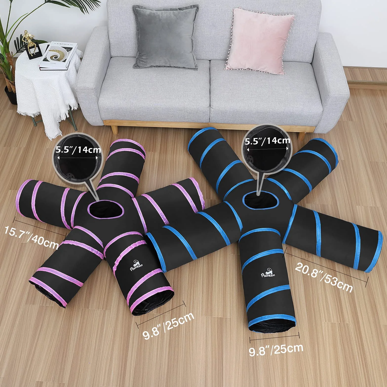 Pawaboo Zabawki dla kotów, składana tunel z dzwonkami, 25 x 53 cm, niebieska