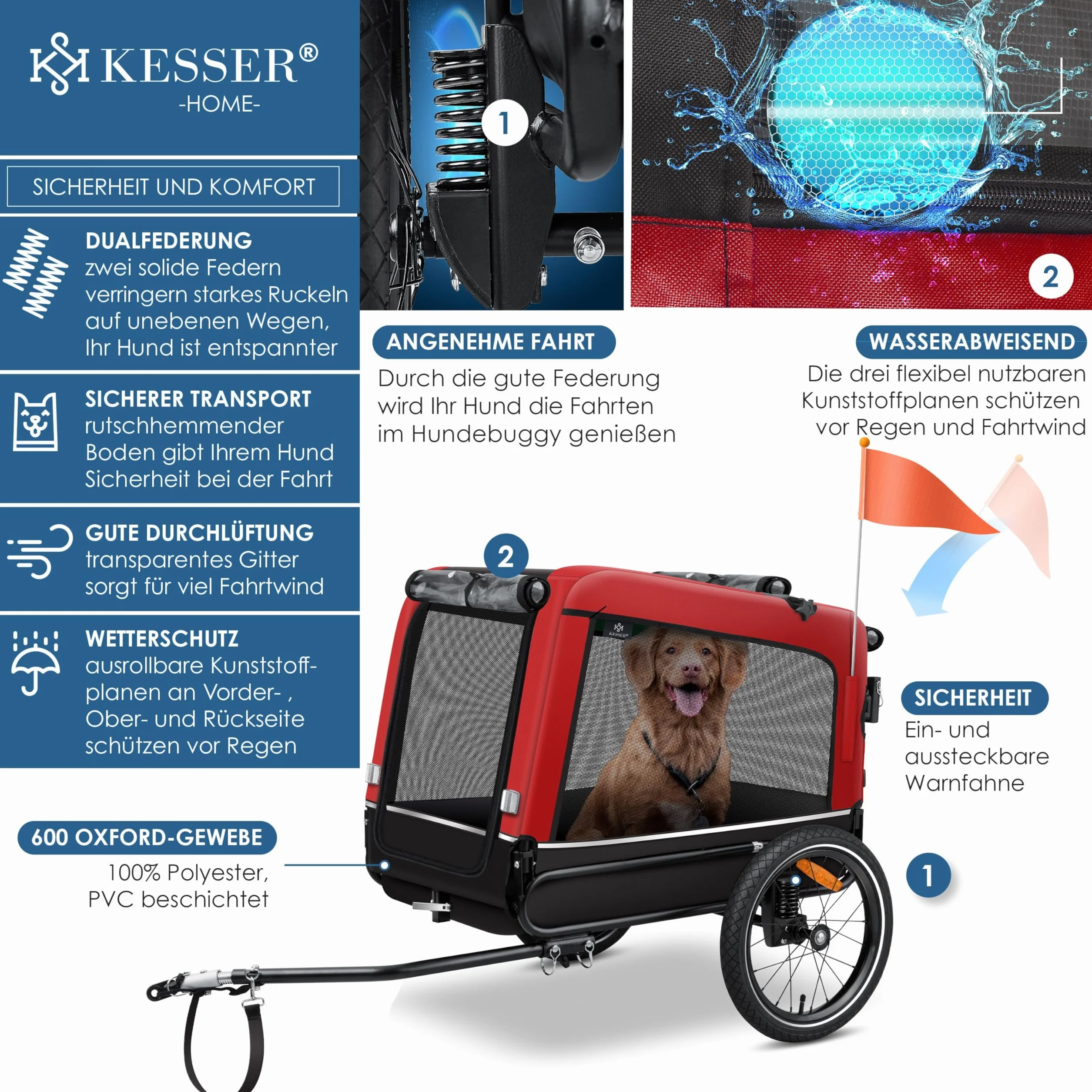 KESSER® Przyczepa dla psa 3 w 1 pies bug & jogger przyczepka rowerowa duża pojemność ok. 240 litrów, sprężyna, materiał: płótno 600D, SmartSpace Concept, maksymalne obciążenie: 40 kg