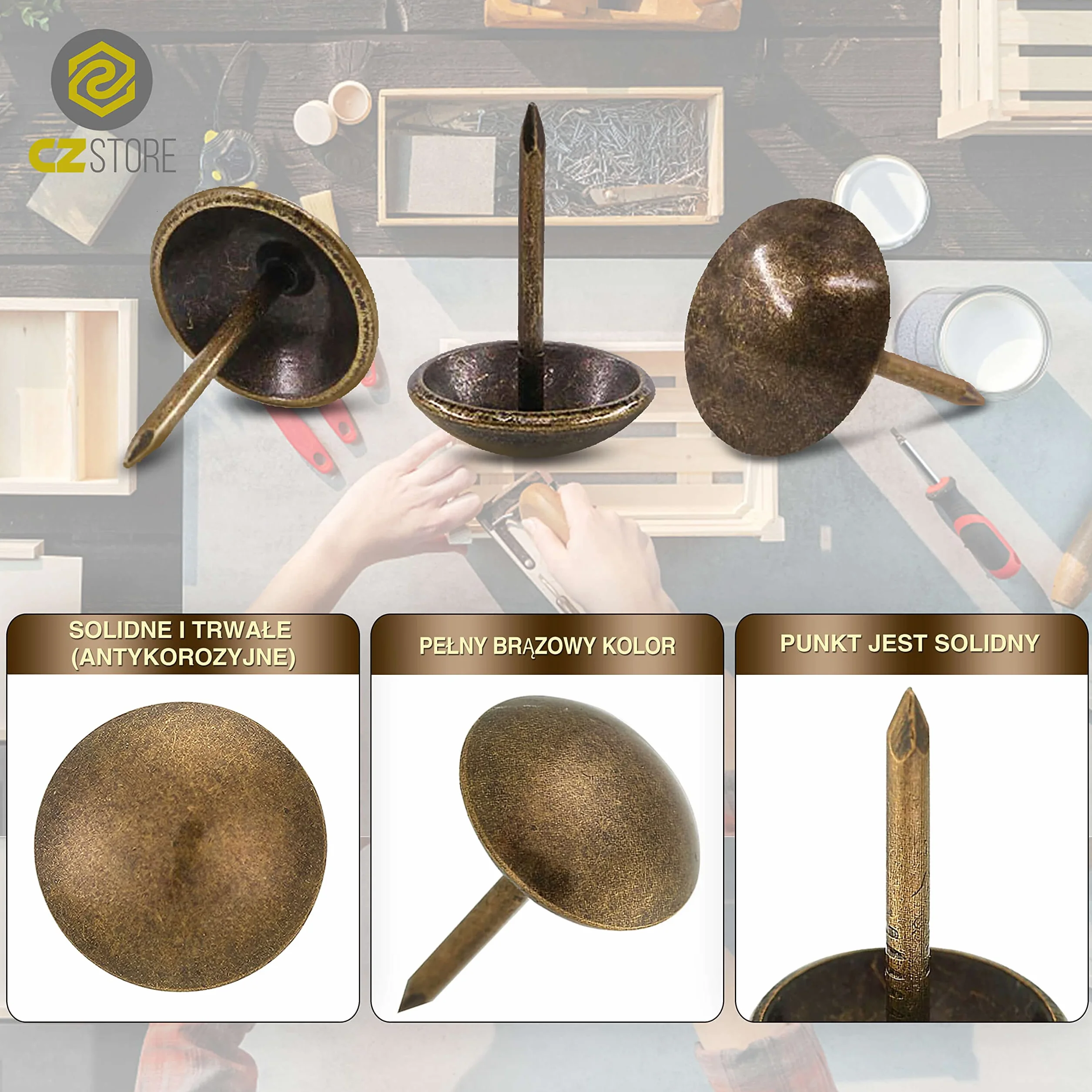 Gwoździe Tapicerskie - Długość 17 mm, Średnica 1 mm - 150-Pak - ✮DOŻYWOTNIA GWARANCJA✮ - Ozdobne Pinezki Tapicerskie Imitujące Gwoździe Mosiężne do Zabytkowych Mebli, Sof i Ozdób