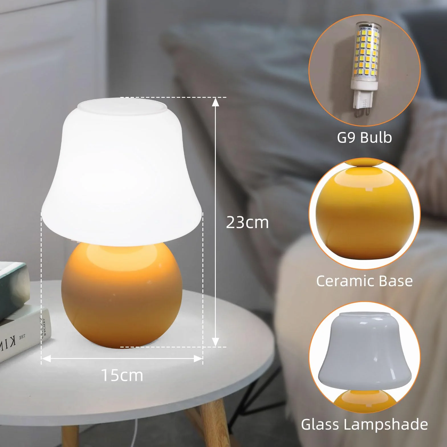 MLOQI Grzybowa lampa stołowa z 3 kolorami żarówki, urocza mała lampka, lampka nocna z ceramiczną podstawą (pomarańczowa)