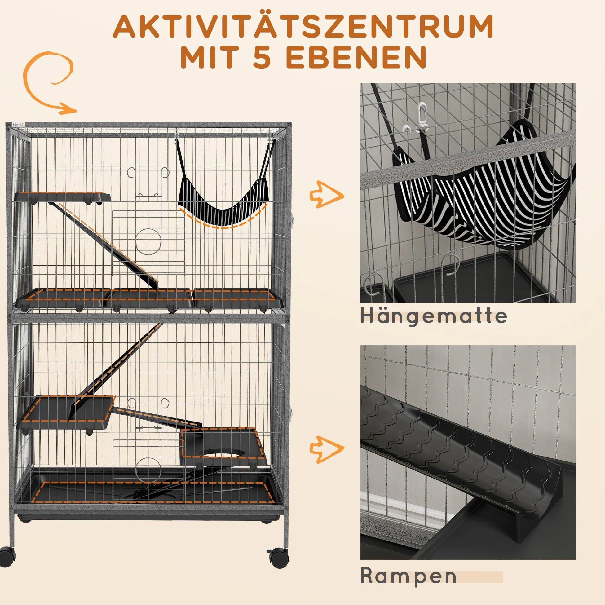 PawHut Ogrodzenie dla małych zwierząt z wyjmowaną tacą, hamak, rampy, koła, klatka dla małych zwierząt, wiewiórki szynszyli, 80 x 52 x 128 cm, szary