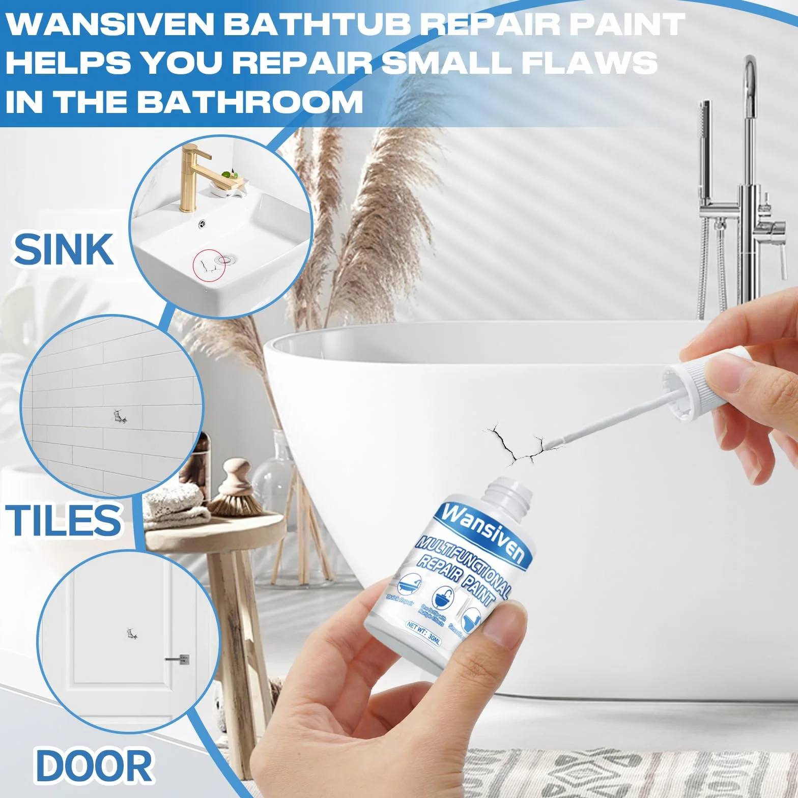 Wansiven Tile Repair Paint, emaliowany pisak do poprawek 30 ml, łatwo i szybko schnący błyszczący lakier, odpowiedni do kuchni, łazienki, lodówki, prysznica, zlewu (biały)