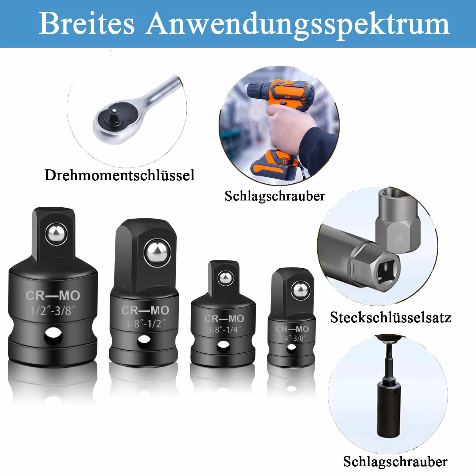 Zestaw adapterów nasadowych, 4 adaptery do kluczy nasadowych 1/2" na 3/8", 3/8" na 1/2", 3/8" na 1/4", 1/4" na 3/8" do kluczy nasadowych