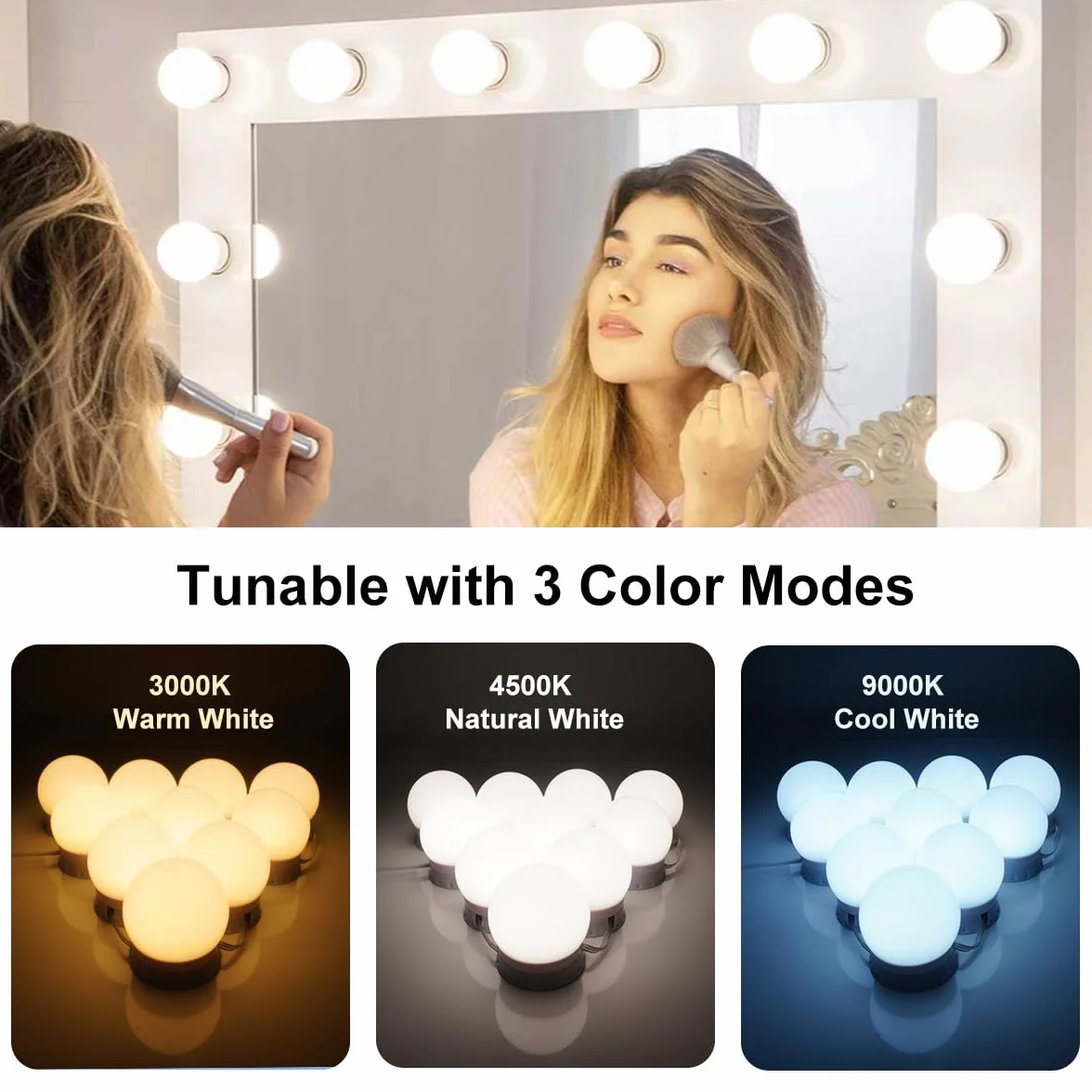 Lampki LED do Luster Kosmetycznych, Lampki Kosmetyczne z 10 Żarówkami z Regulacją Jasności, 3000K 4000K 9000K i 10 Poziomami Regulacji Jasności, do Makijażu, Garderoby, Łazienki