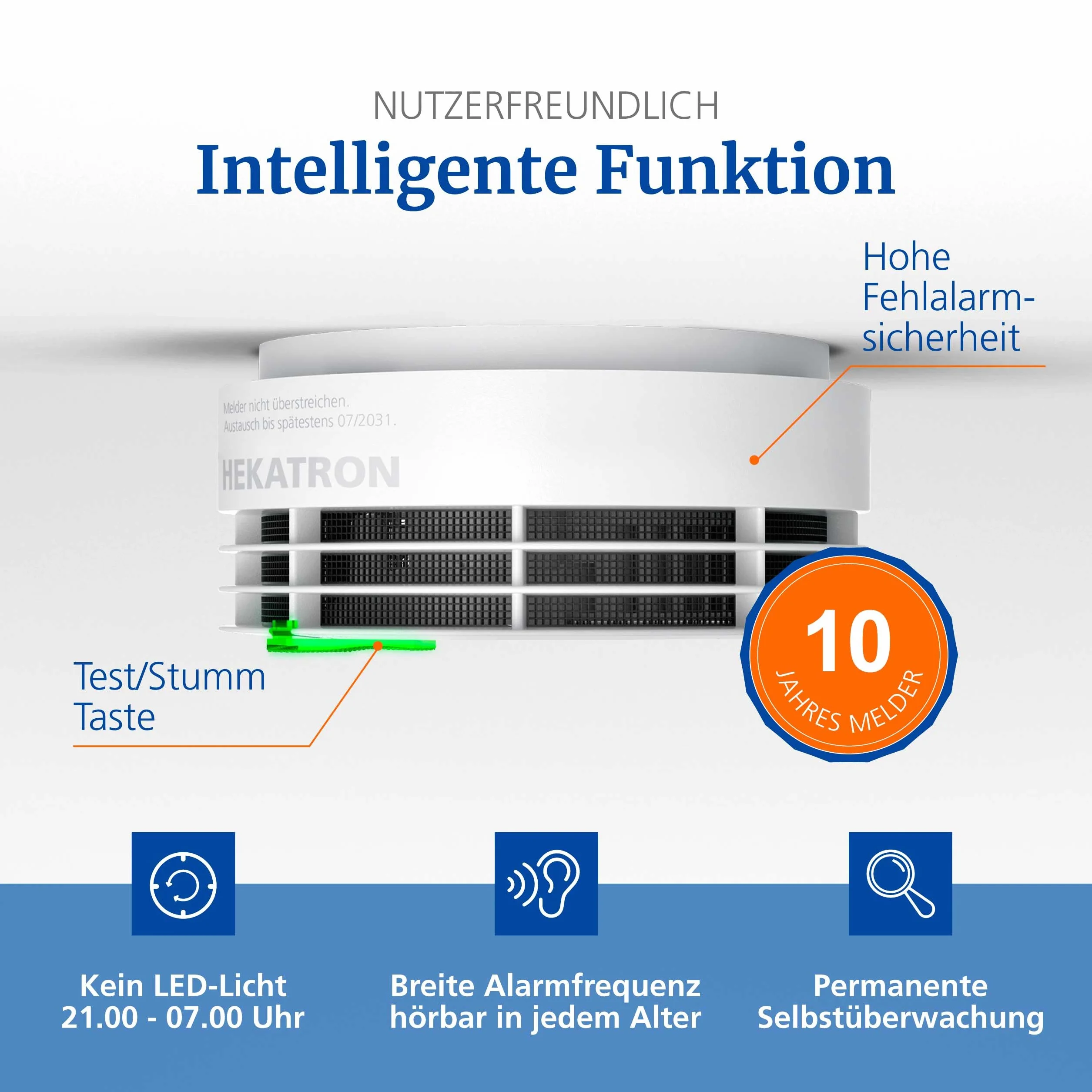 Hekatron Rauchmelder Genius Plus Edition 2021 – 10 Jahre Batterie – Testsieger Stiftung Warentest – inkl. 1 x Klebepad – App-unterstützt – Rauchwarnmelder – mehrsprachig, Amazon Exclusive - 1 Stück