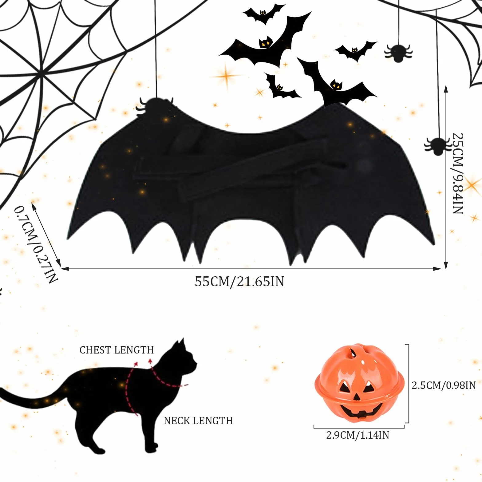 GWAWG Skrzydła nietoperza dla zwierząt domowych, kostium na Halloween, regulowane skrzydła wampira z dzwonkami dyniowymi, fantazyjny strój dla kota, psa, na Halloween, cosplay, urocze akcesoria