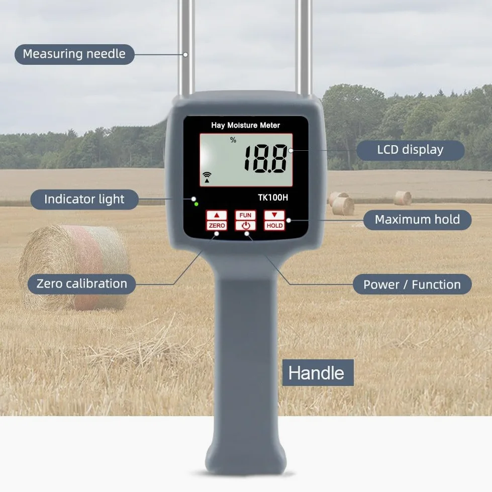 TK100H przenośny miernik wilgotności siana, cyfrowy tester ziarna LCD do zbóż, słomy, otrębów i innych włókien, z podświetlanym wyświetlaczem i automatycznym wyłączaniem