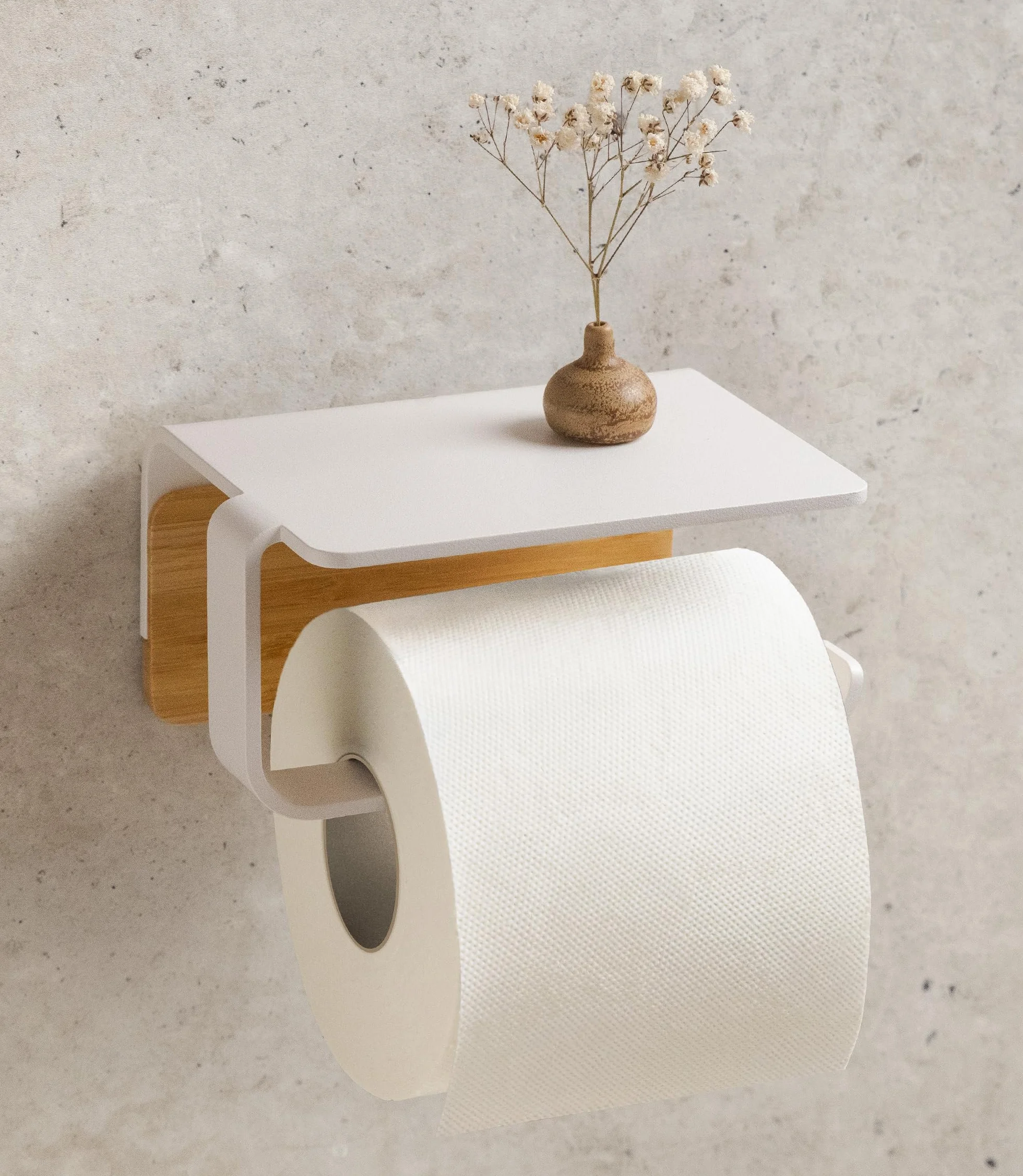 KAZAI. Uchwyt na papier toaletowy bez wiercenia | Metal z naturalnym drewnem bambusowym | Uchwyt na papier z półką do przyklejenia | Uchwyt na rolki | Wieszak na papier toaletowy | Biały, Bambus