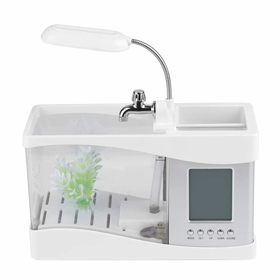 Mini akwarium, plastikowe bezpieczne akwarium, wielofunkcyjne z funkcją zegara, światło LED do sypialni do dekoracji (białe)