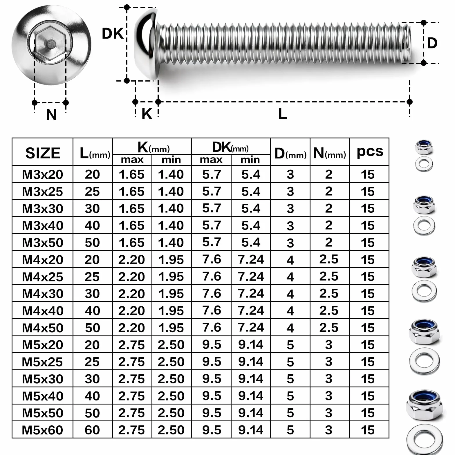 Śruby z łbem soczewkowym M5 x 50 mm, 60 sztuk, ze stali nierdzewnej, z łbem sześciokątnym, z nakrętkami zabezpieczającymi, podkładkami, śrubami gwintowanymi, śruby maszynowe do zabudowy mebli