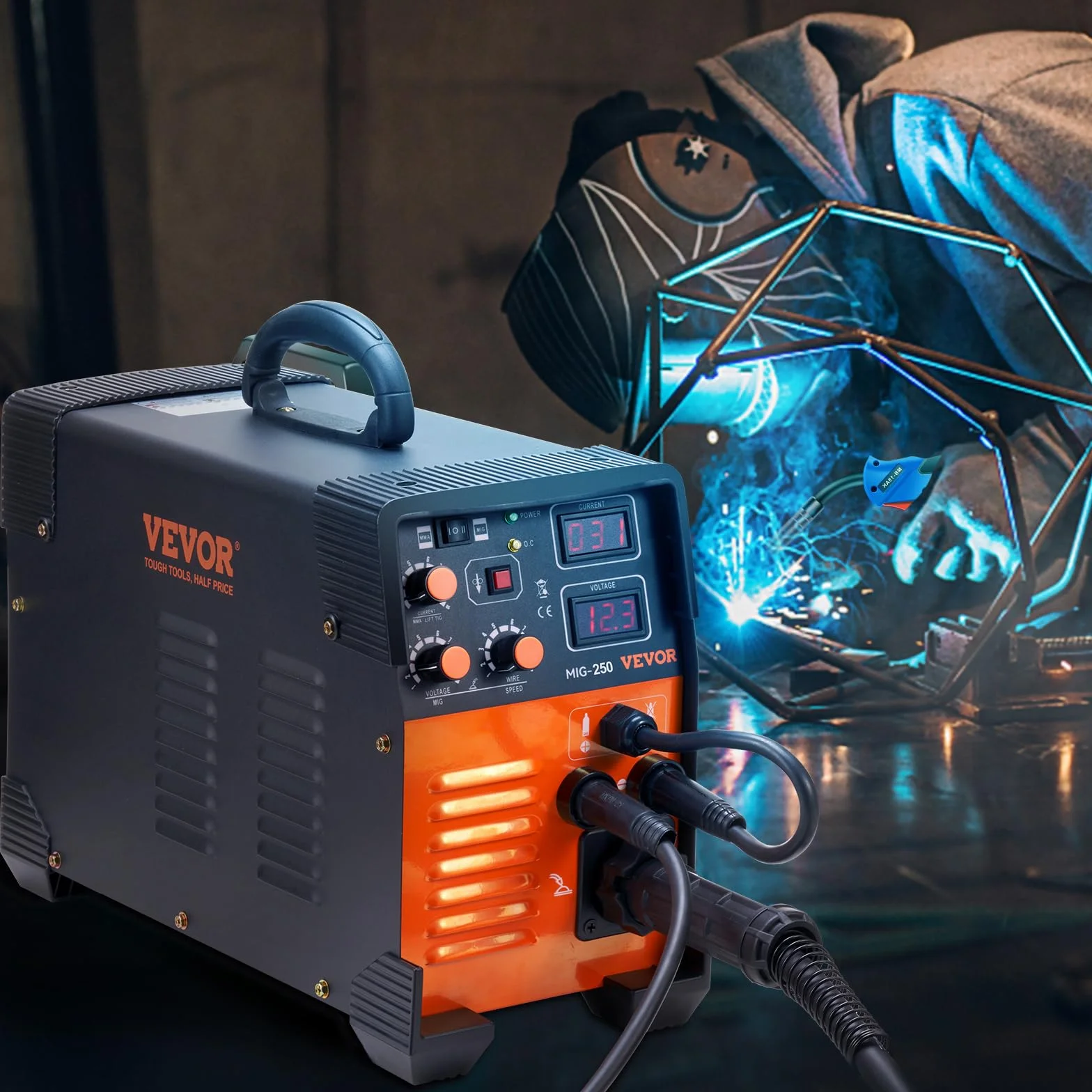 VEVOR Spawarka MIG/MMA/TIG 3 w 1 50–250 A, spawanie drutem wypełniającym (0,8 mm i 1 mm), technologia IGBT 2,2-12 m/min, prędkość drutu 5,6 kVA, znamionowa moc wejściowa, stopień ochrony IP21S