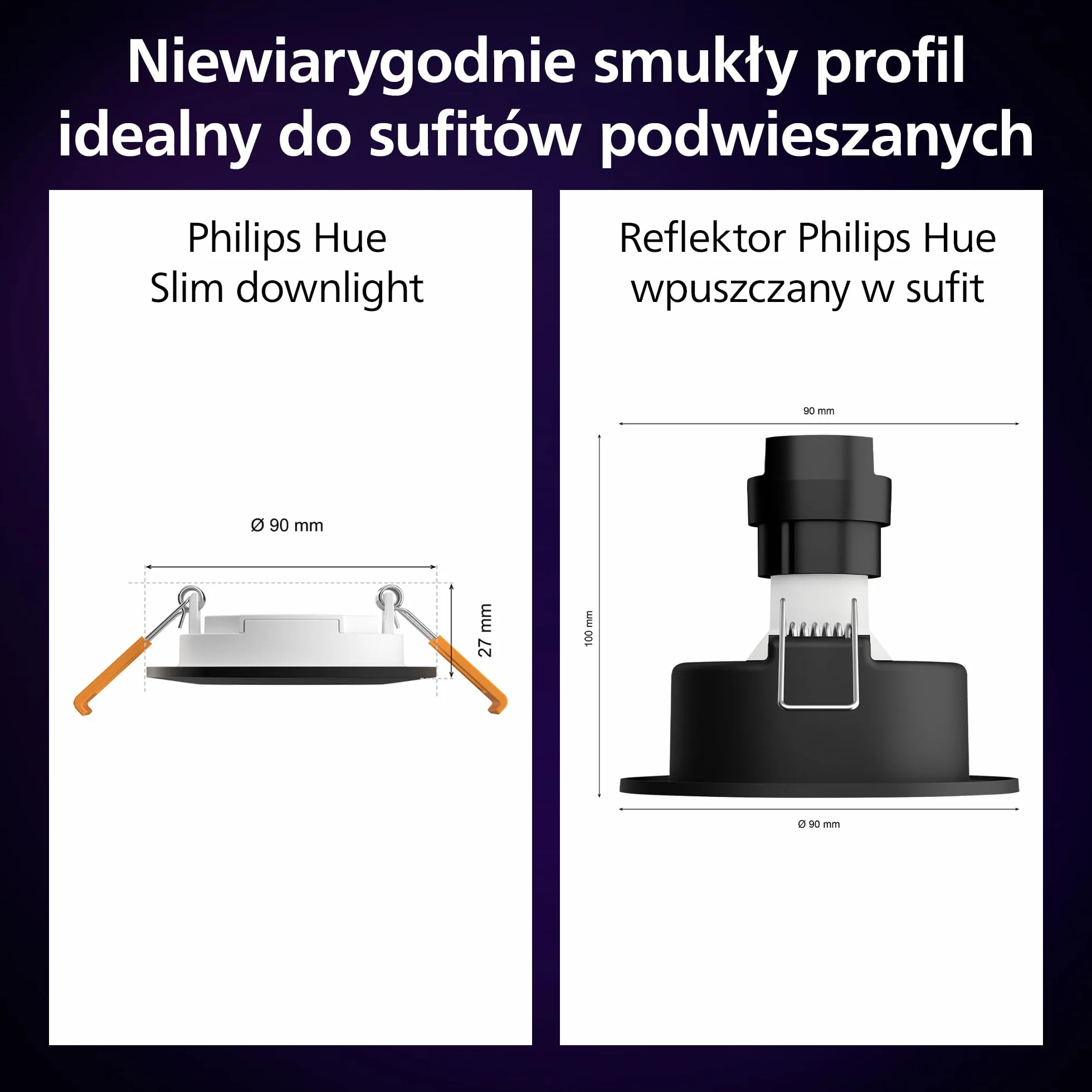 Philips Hue Smart Slim Oświetlenie do Wbudowania, 90 mm, Białe i Kolorowe Światło, Kompatybilne z Bluetooth, Kolor Czarny