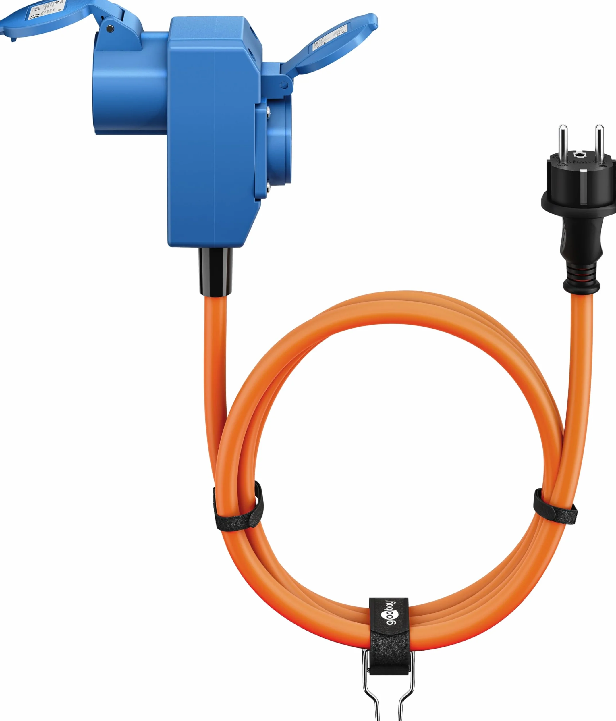 goobay Kabel adaptera CEE do przyczepy kempingowej, 1,5 m, wtyczka ze stykiem ochronnym do 90° CEE i gniazdkiem ochronnym ze stykiem ochronnym z nasadkami zamykającymi, kabel kempingowy, samochód