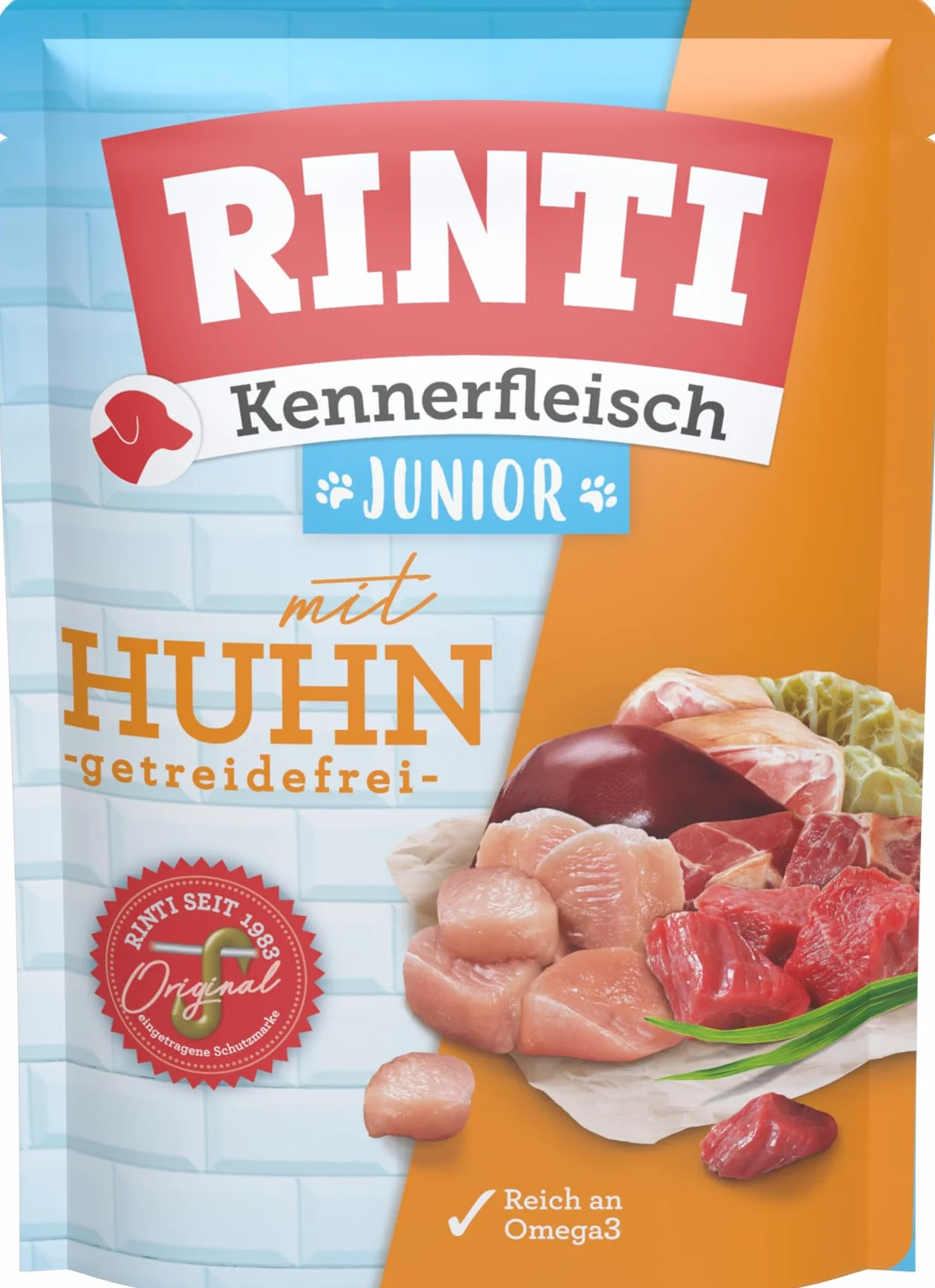 RINTI - Kennerfleisch Junior | mokra karma z 70% mięsem dla psów rosnących. Kompletna karma bez zbóż w puszce, bez soi, barwników i konserwantów | 10 x 400 g kurczaka