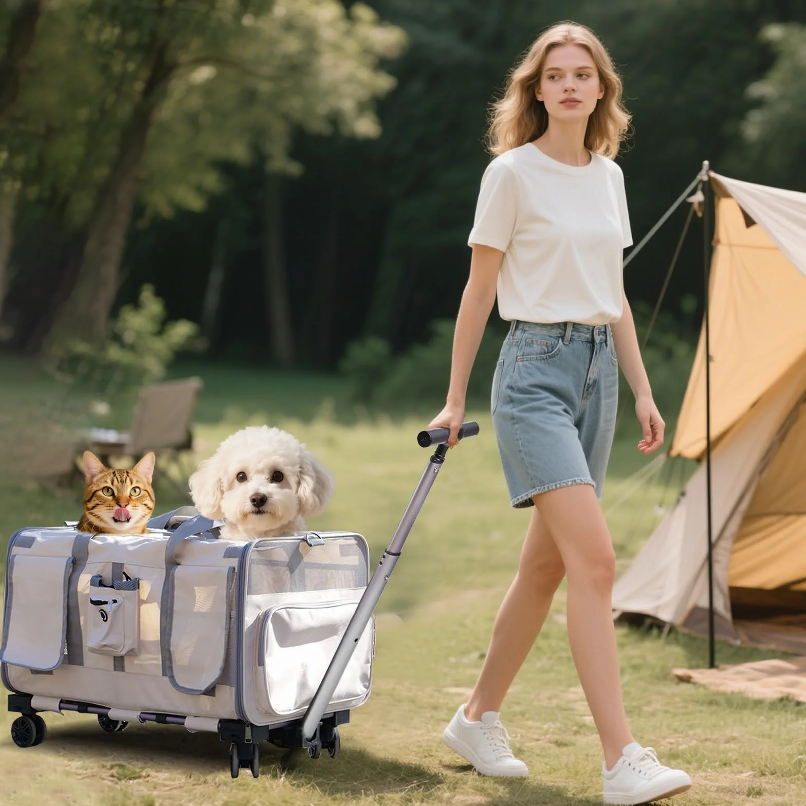 PETCUTE Podwójna komora dla kota/psa z odpinanymi kółkami, składana torba transportowa dla 2 kotów/małych psów/królików, oddychający transporter dla zwierząt z bezpieczną smyczą, beżowy