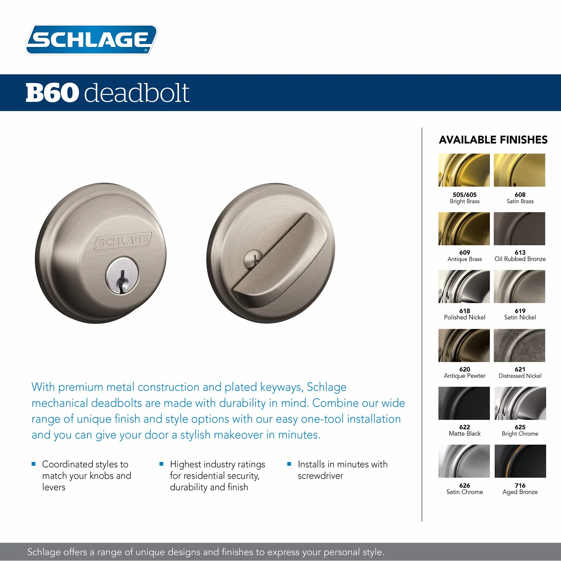 SCHLAGE Lock Company Zamek zasuwkowy, jednocylindrowy, satynowy mosiądz (B60 N 608)