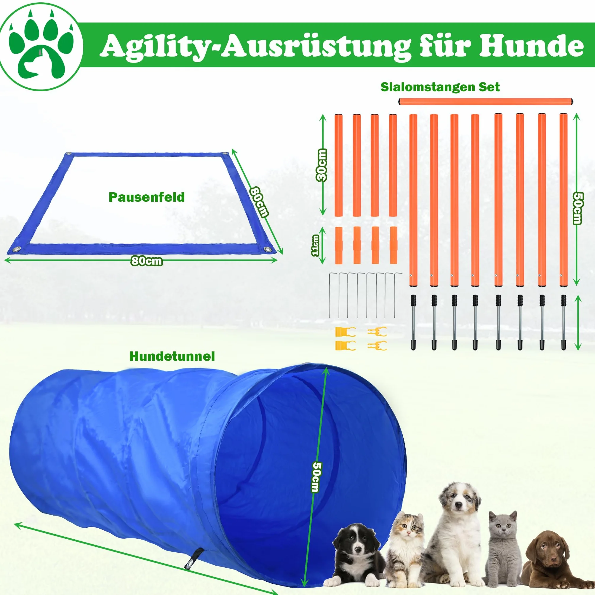 SUBTLETY Agility zestaw do treningu psów z tunelem, przeszkodami, drążkami slalomowymi