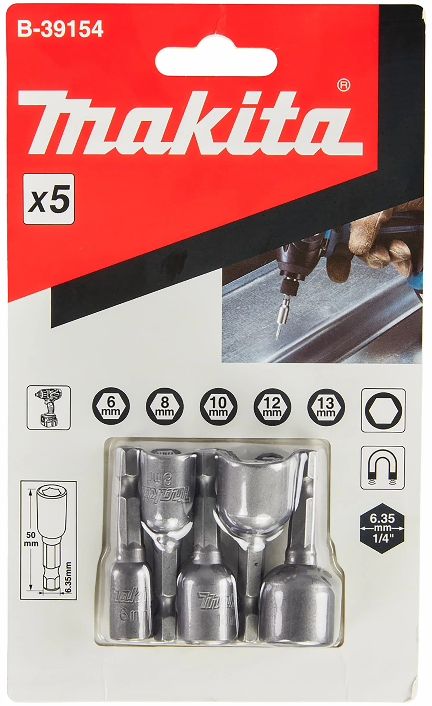 Makita B-39154 zestaw kluczy nasadowych 1/4" 5-częściowy, SW6 - SW13, magnetyczny, klucz nasadowy o długości 50 mm