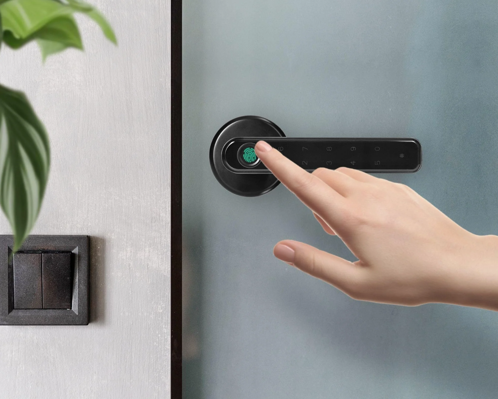 Klamka Szyfrowa z Klawiaturą - Inteligentny Zamek do Drzwi - Bluetooth 5.0/Kod/Odcisk palca Aplikacja Tuya Smart Zasilanie 4 baterie AAA Grubość drzwi:42-54mm IP20 Kolor Czarny