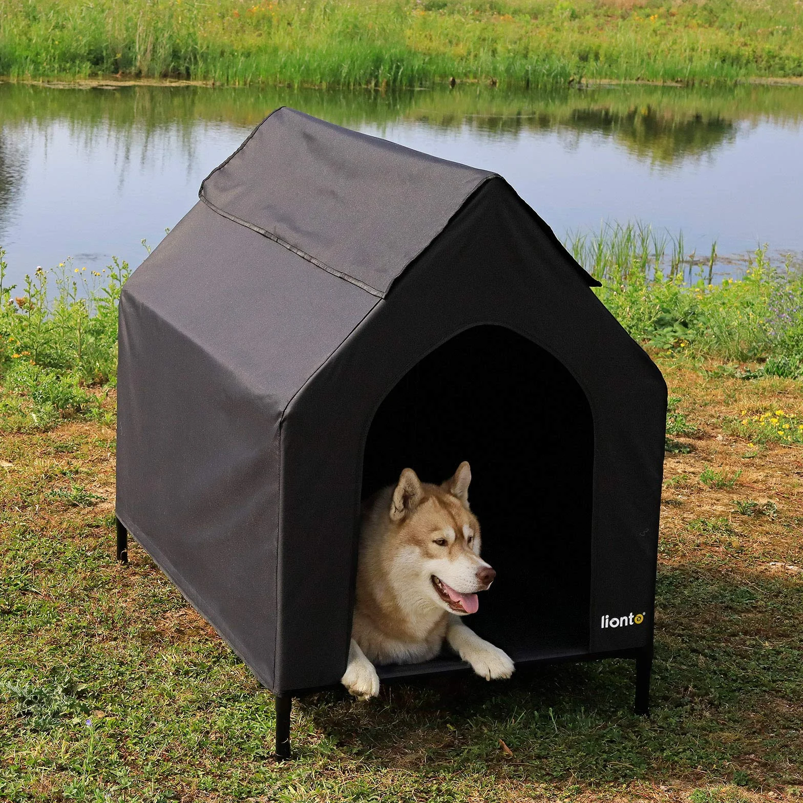 lionto Leżanka outdoor z dachem, 110x75x105 cm, wodoodporne i odporne na zadrapania Oxford, przewiewna siatka, podniesione łóżko dla psa do 60 kg, czarne