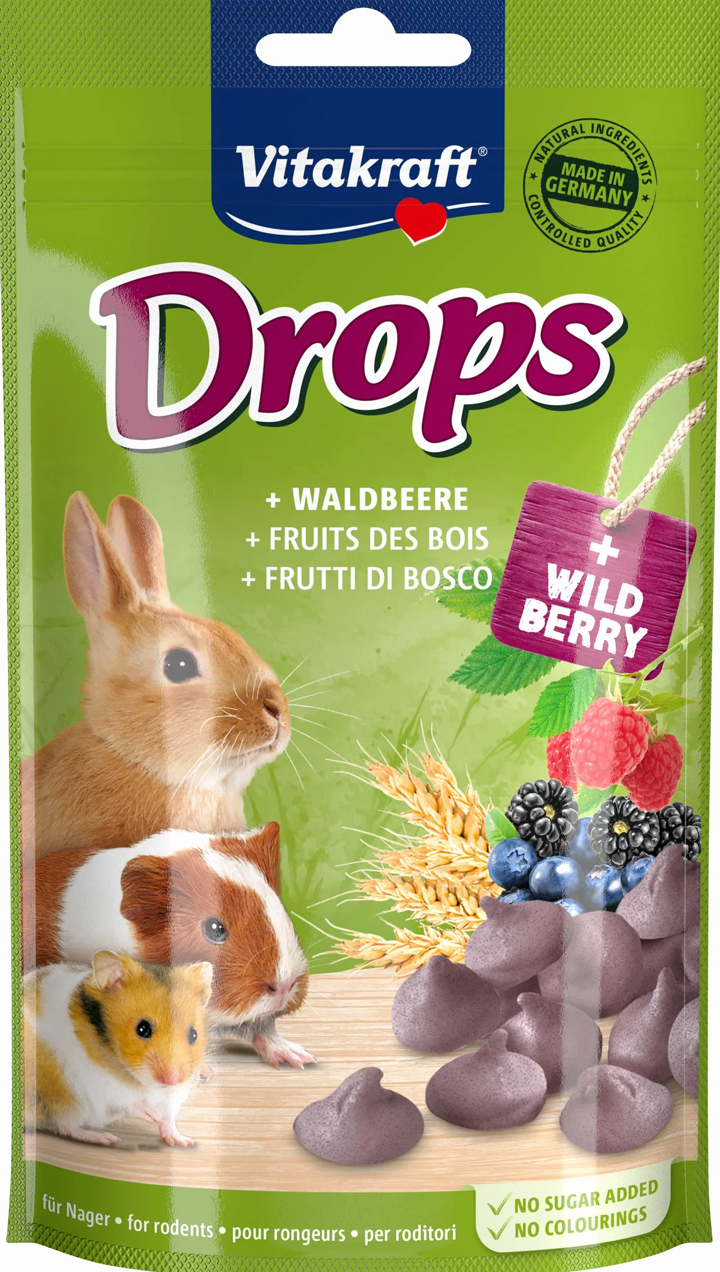 Vitakraft Krople, smakołyki dla gryzoni, z leśnymi jagodami, karma dla gryzoni, do rozpieszczania, bez dodatku cukru (1 x 75 g)