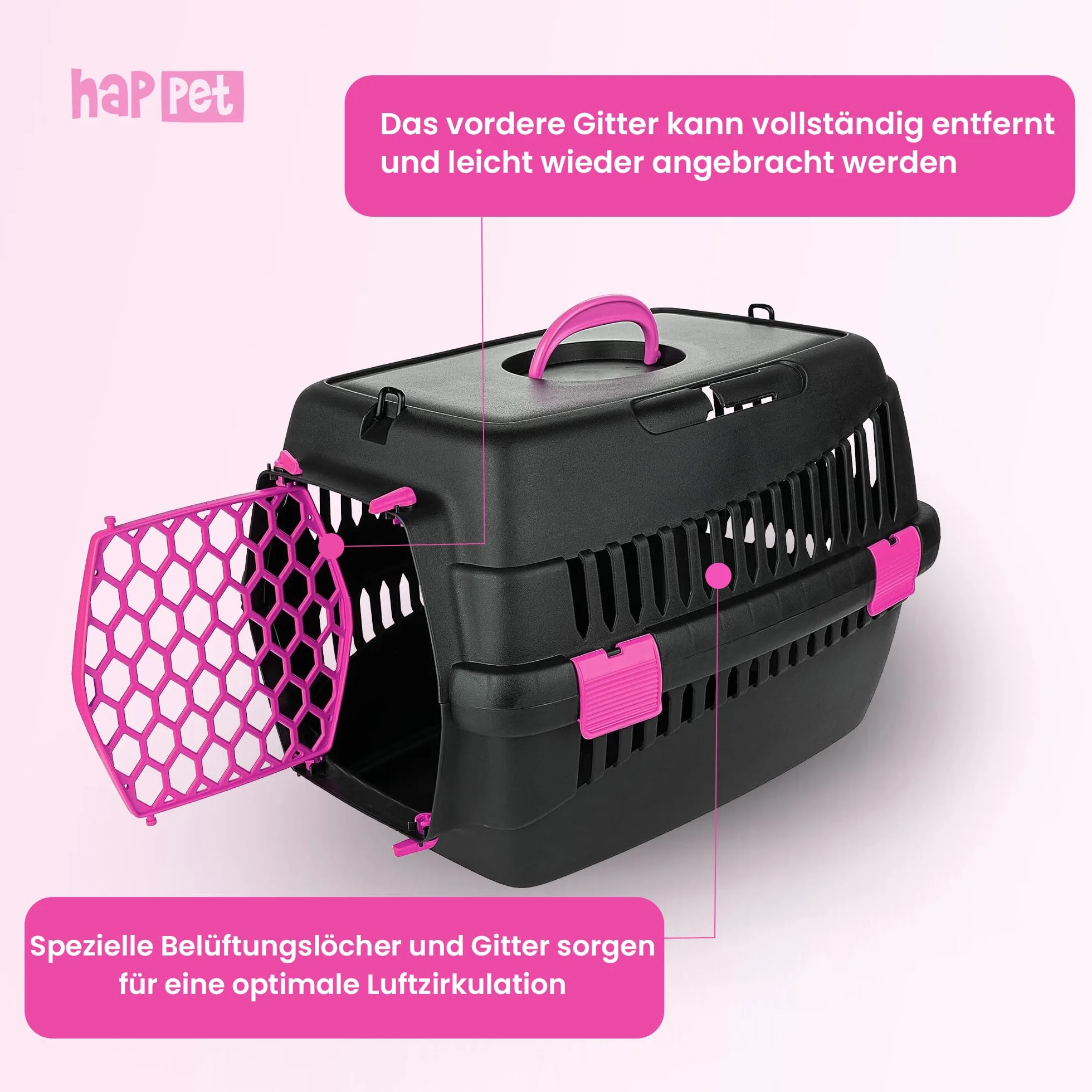HAPPET Transporter dla zwierząt TEDDY M Fuchsia – klatka podróżna dla kotów i małych psów, wentylowana klatka ze zdejmowanymi drzwiami, klipsami i uchwytem