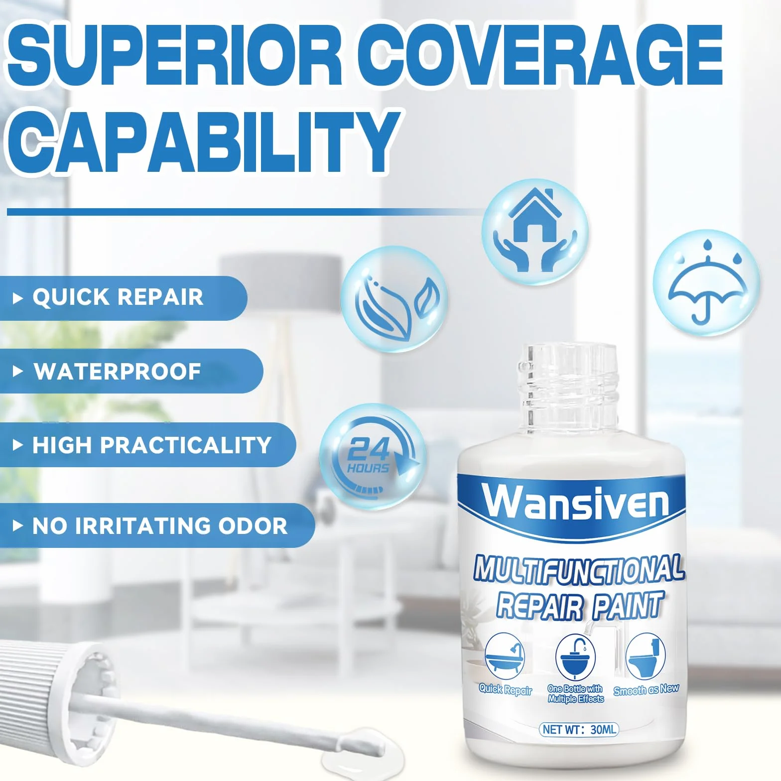 Wansiven Tile Repair Paint, emaliowany pisak do poprawek 30 ml, łatwo i szybko schnący błyszczący lakier, odpowiedni do kuchni, łazienki, lodówki, prysznica, zlewu (biały)