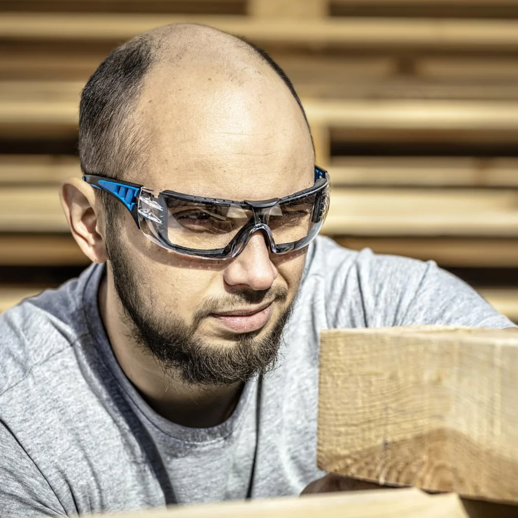 Högert Technik - LOTZEN okulary ochronne przezroczyste/niebieskie jednokolorowe/ochrona oczu, ochrona przed promieniowaniem UV – odporne na zarysowania okulary ochronne do zastosowań przemysłowych i