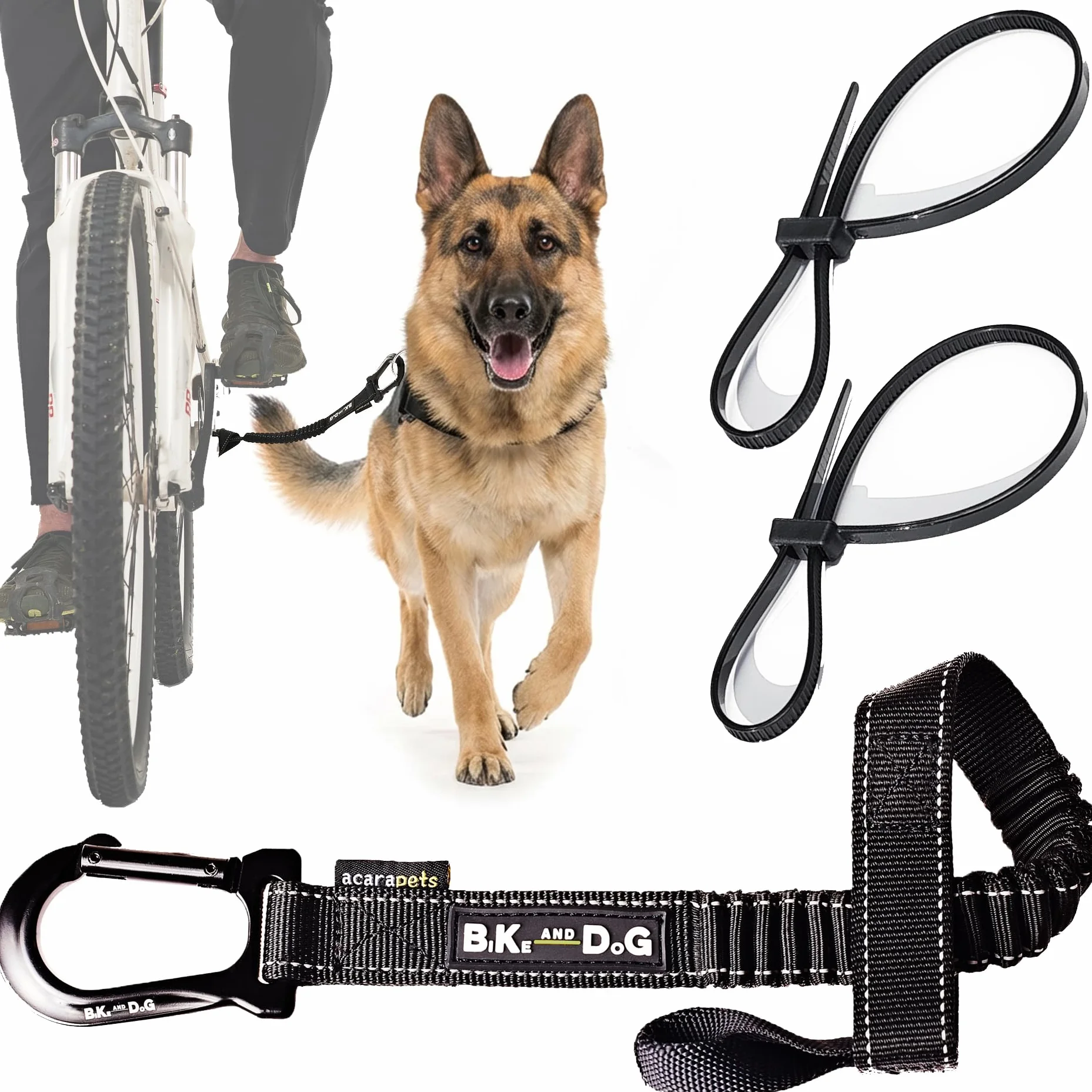 BIKE AND DOG - Smycz dla psa do roweru, beznarzędziowe mocowanie w najbezpieczniejszym punkcie, zawiera 2 specjalne opaski rowerowe. Opatentowana. (Czarny)