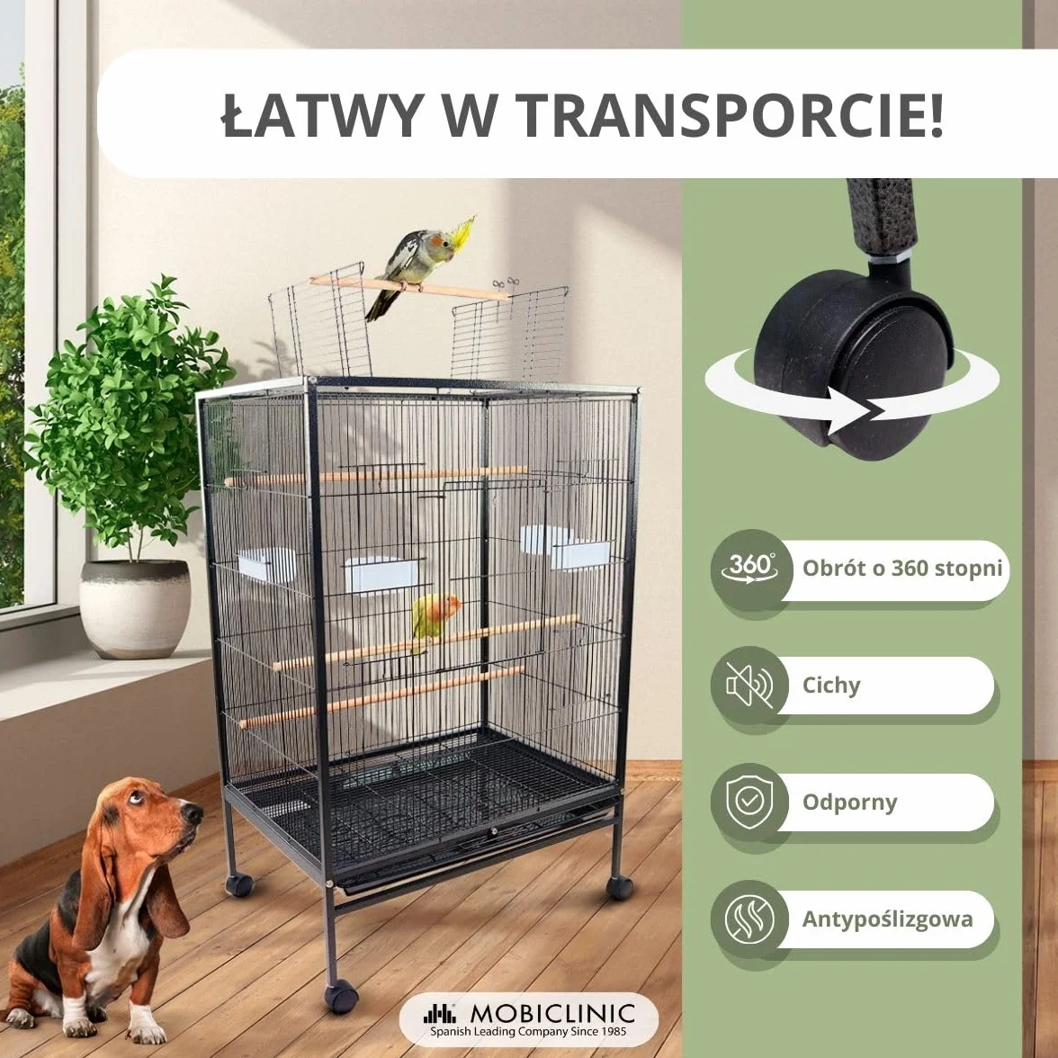 Mobiclinic® pets, Klatka dla ptaków, Nymph, Kółka transportowe, Hamulce, Otwieranie od góry, Wyjmowana taca, 8 drzwiczek, Duż rozmiar