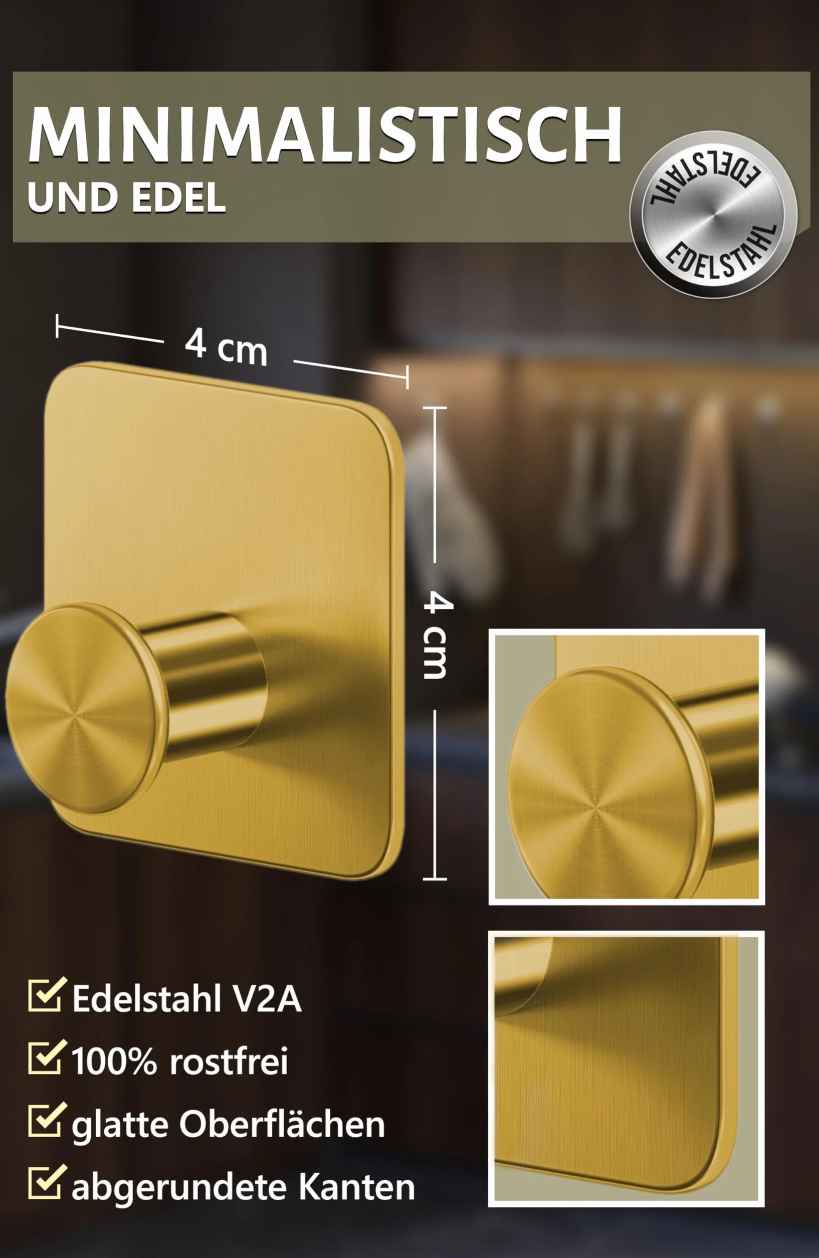4smile Wieszak na ręczniki bez wiercenia, zestaw 6 sztuk, złoty design, samoprzylepne haczyki z podkładkami samoprzylepnymi 3M, eleganckie haczyki ścienne