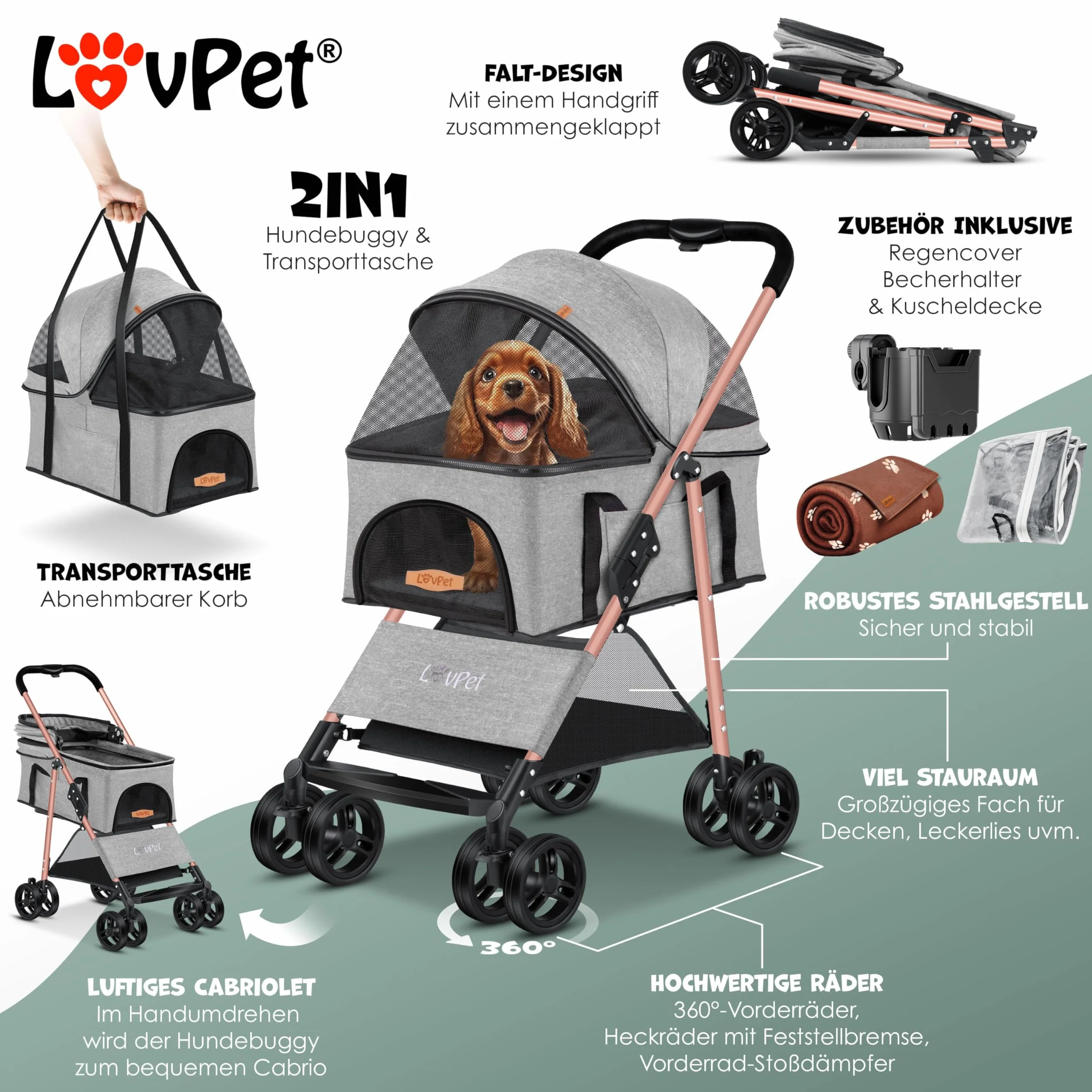 LOVPET® Wózek dla psów 2 w 1 z torbą transportową, składany, do 20 kg, spacerówka dla zwierząt domowych, z okienkami z siatki i osłoną przeciwdeszczową, do joggingu, dla małych psów, kotów