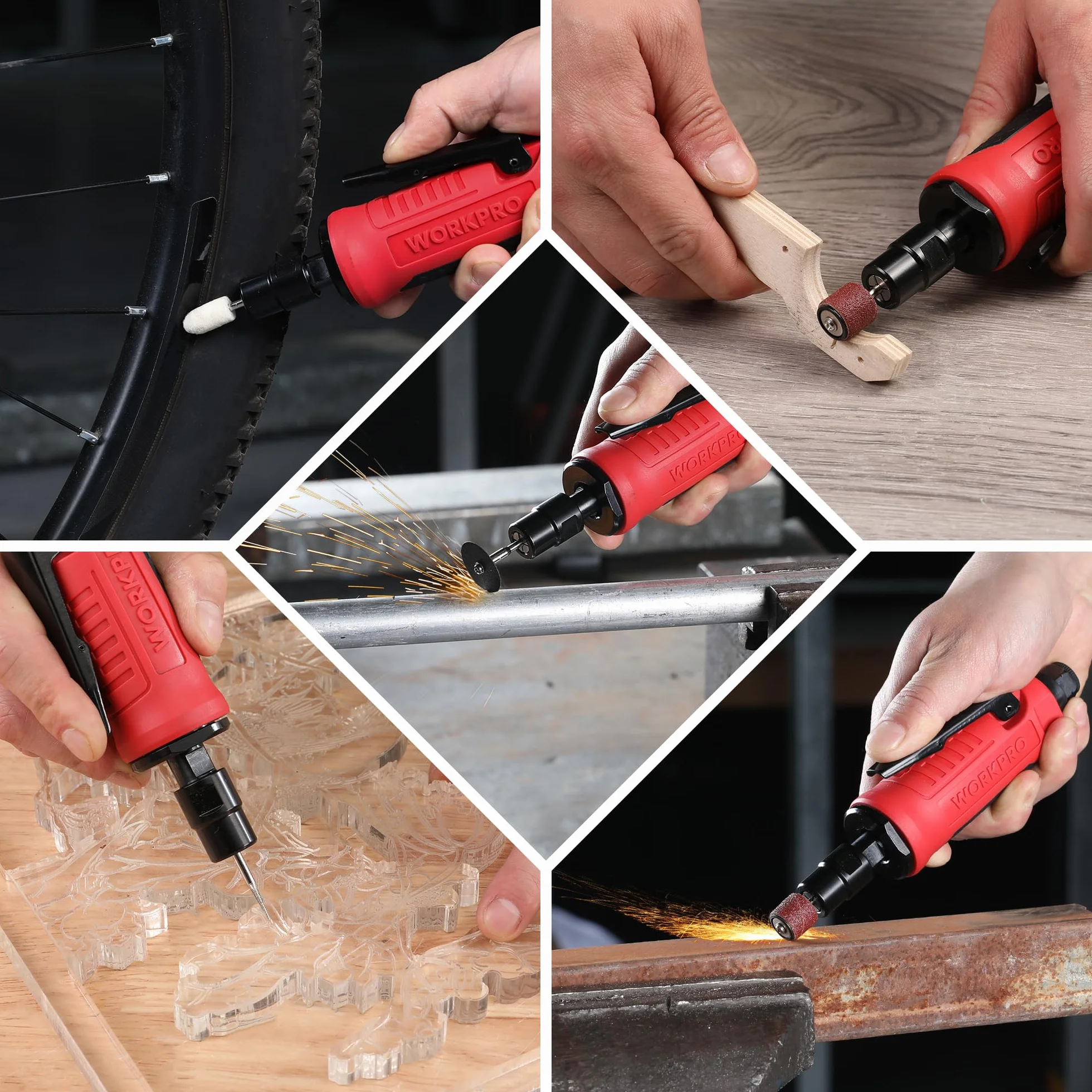 WORKPRO Szlifierka pneumatyczna prosta 1/4" (6,3 mm) 25000 obr./min narzędzie do metalu, drewna, tworzywa sztucznego