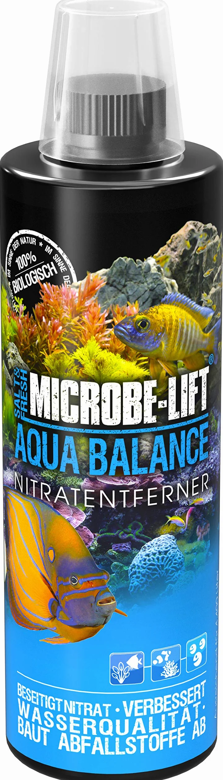 MICROBE-LIFT Aqua Balance – oczyszcza akwarium, zmniejsza ilość wymiany wody, usuwa azotan, wodę słodką i morską, 473 ml