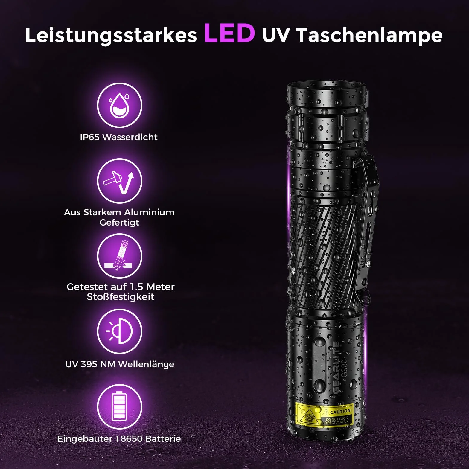 GEARLITE Latarka LED UV do ponownego ładowania, lekka mini lampa UV, światło ultrafioletowe o długości 395 nm, wytrzymała, wodoodporna, do poszukiwania bursztynów, geocachingu, detektorów zwierząt