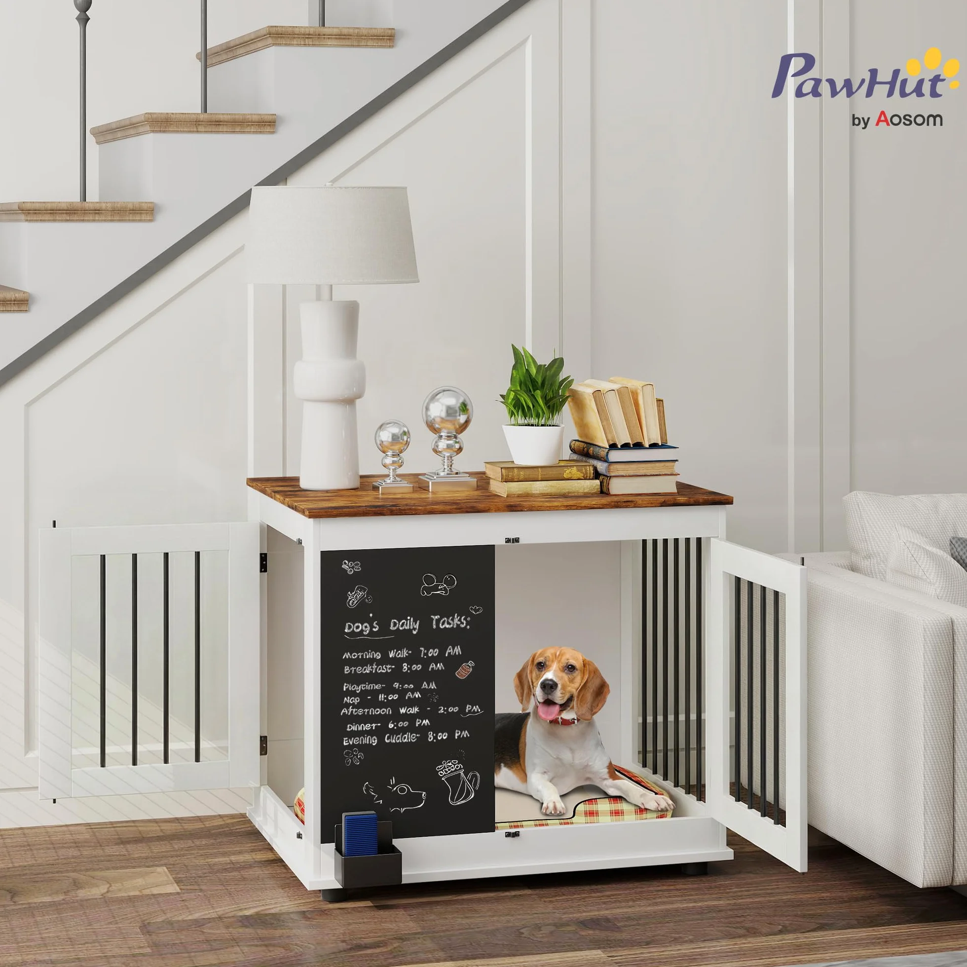 PawHut Pudełko dla psa, do użytku wewnątrz i na zewnątrz, z 3 drzwiami, czarna deska, podwójna funkcja, dla średnich psów do 20 kg, 80 x 60 x 70 cm, biały