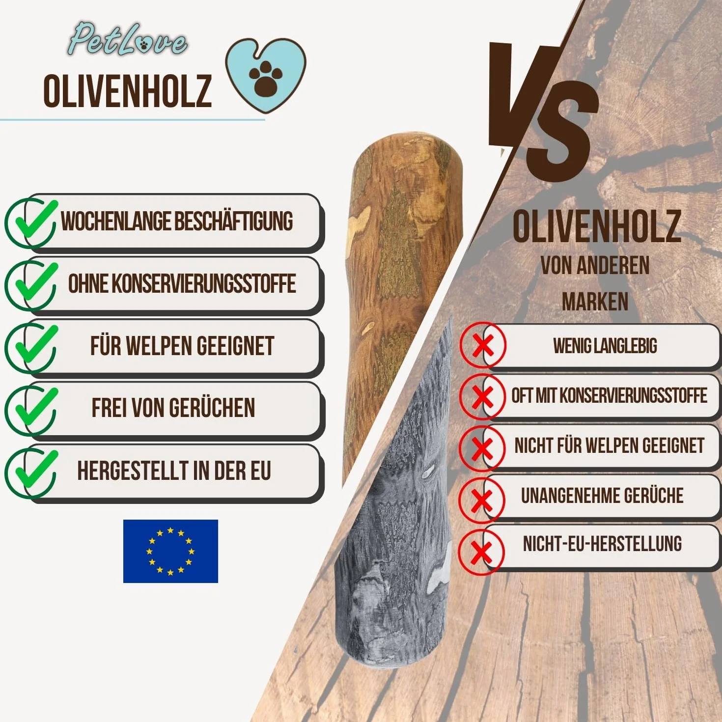 PetLove Drewno do Żucia dla Psów z Drewna Oliwkowego • Drewniane Kości Jako Zabawka • Pielęgnacja Zębów i Zabawka do Żucia • Rozmiar: M (100 – 220 g) • Idealne