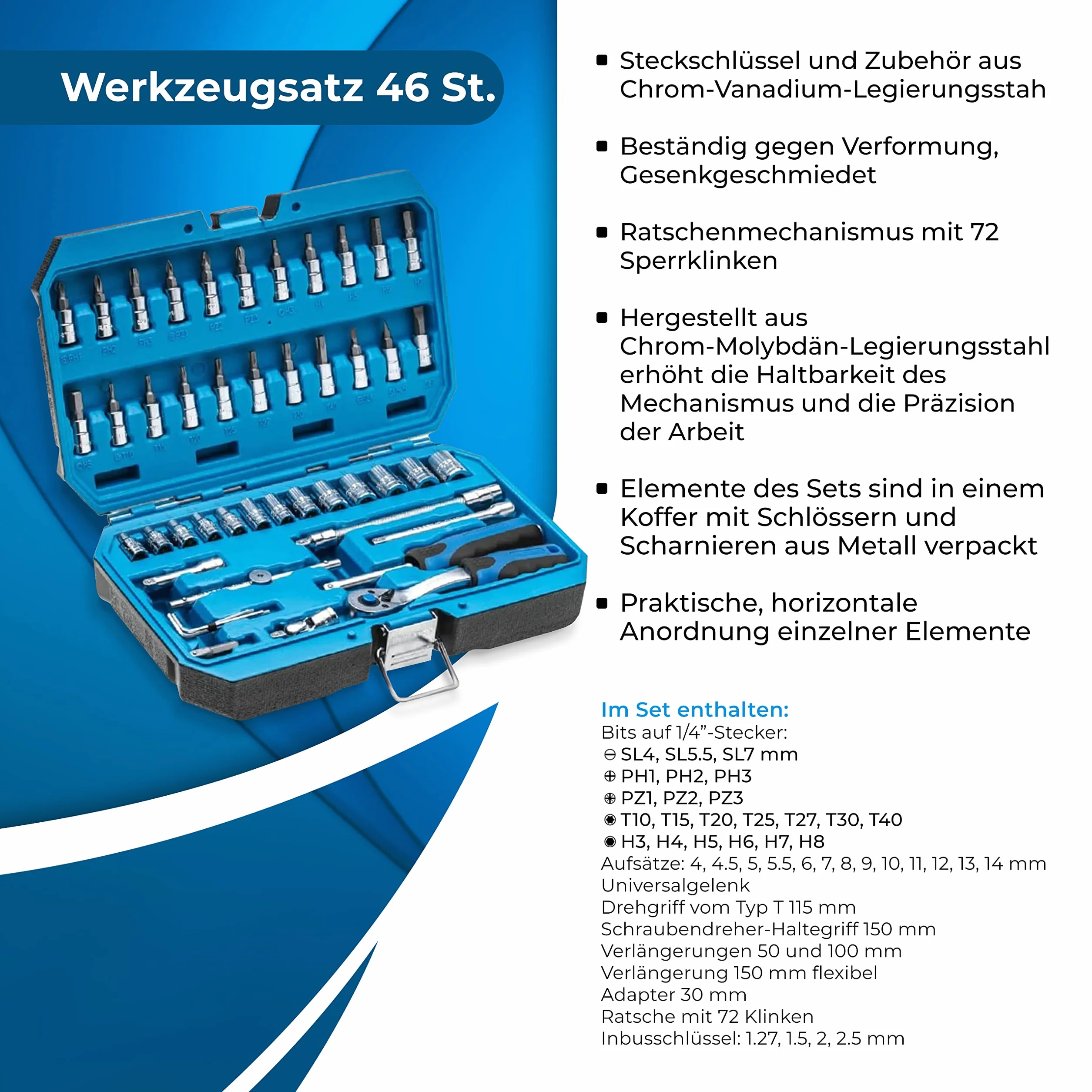 HÖGERT TECHNIK Zestaw narzędzi 1/4" klucze nasadowe bity akcesoria stal stopowa CrV kuta matrycowo mechanizm zapadkowy 72 klamki blokujące HT1R416 46-częściowy