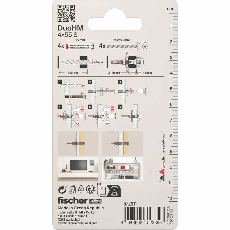 fischer 572911 DuoHM kołki rozporowe, 4 x 55 S PZ ze śrubą metryczną i napędem PZ do mocowania wsporników telewizyjnych, świateł, półek ściennych itp. w materiałach budowlanych panelowych (4 sztuki)
