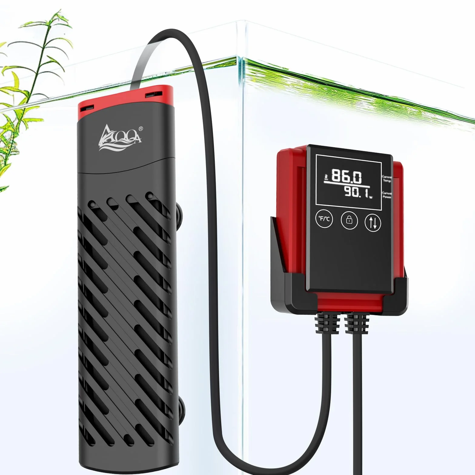AQQA Grzejnik do akwarium, 200 W, PTC, grzałka do akwarium z termostatem, regulowana temperatura, grzejnik do akwarium z zewnętrznym wyświetlaczem LED, ogrzewanie akwariowe do 75-250 l