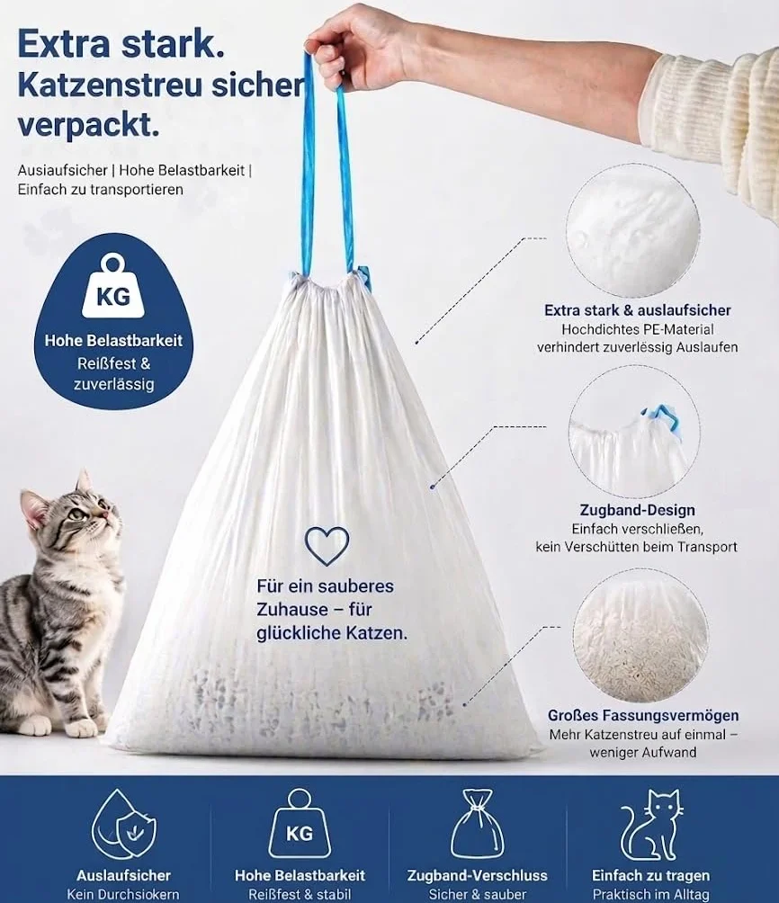 RMAN 80 sztuk worków na kuwetę dla kota z tasiemkami, biodegradowalne, odporne na rozerwanie, trwałe, szczelne, 4 rolki/60 x 50 cm