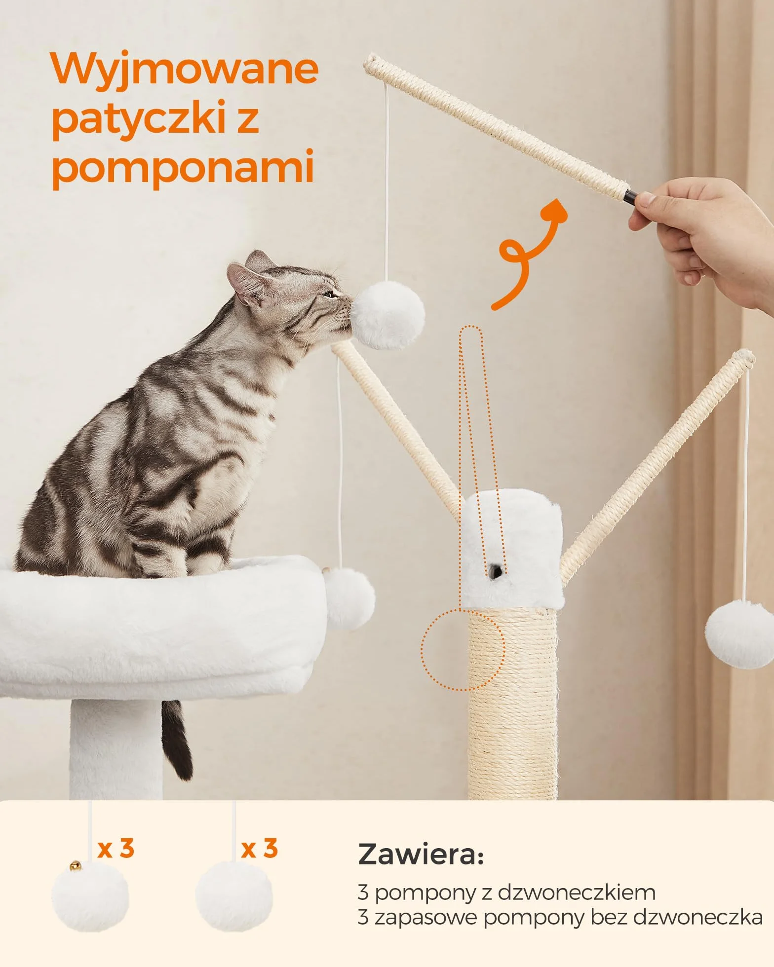Feandrea PCT113G01 Drapak z szafką dla kota, 2 w 1, szafka na kuwetę dla kota, z pniami sizalowymi, zdejmowane kulki pluszowe, szarobeżowy, 151 cm wysokości
