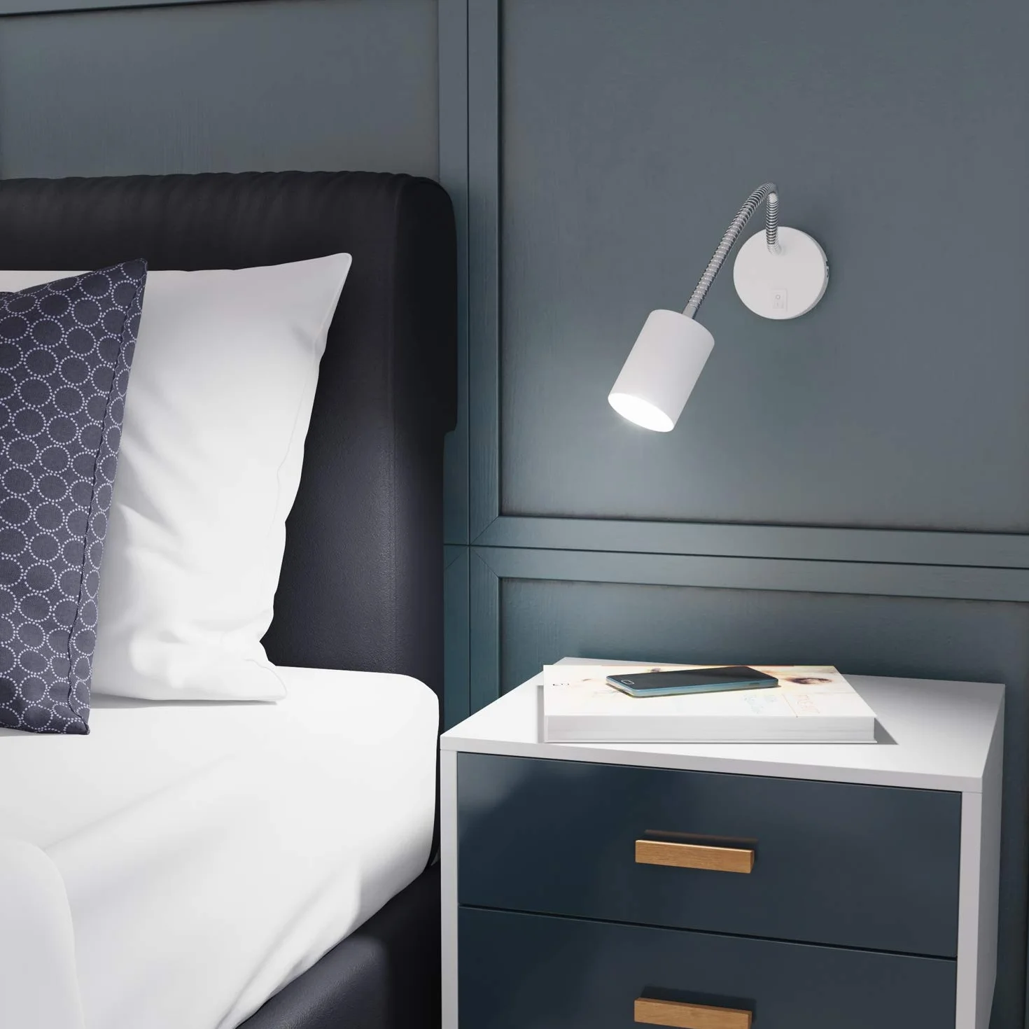 ledscom.de Lampa do czytania WAIKA z gęsią szyjką i przełącznikiem biały mat, w zestawie GU10 LED, PAR16, ciepła biel, 6,05W, 374lm, 70°, 3-stopniowy ściemniacz