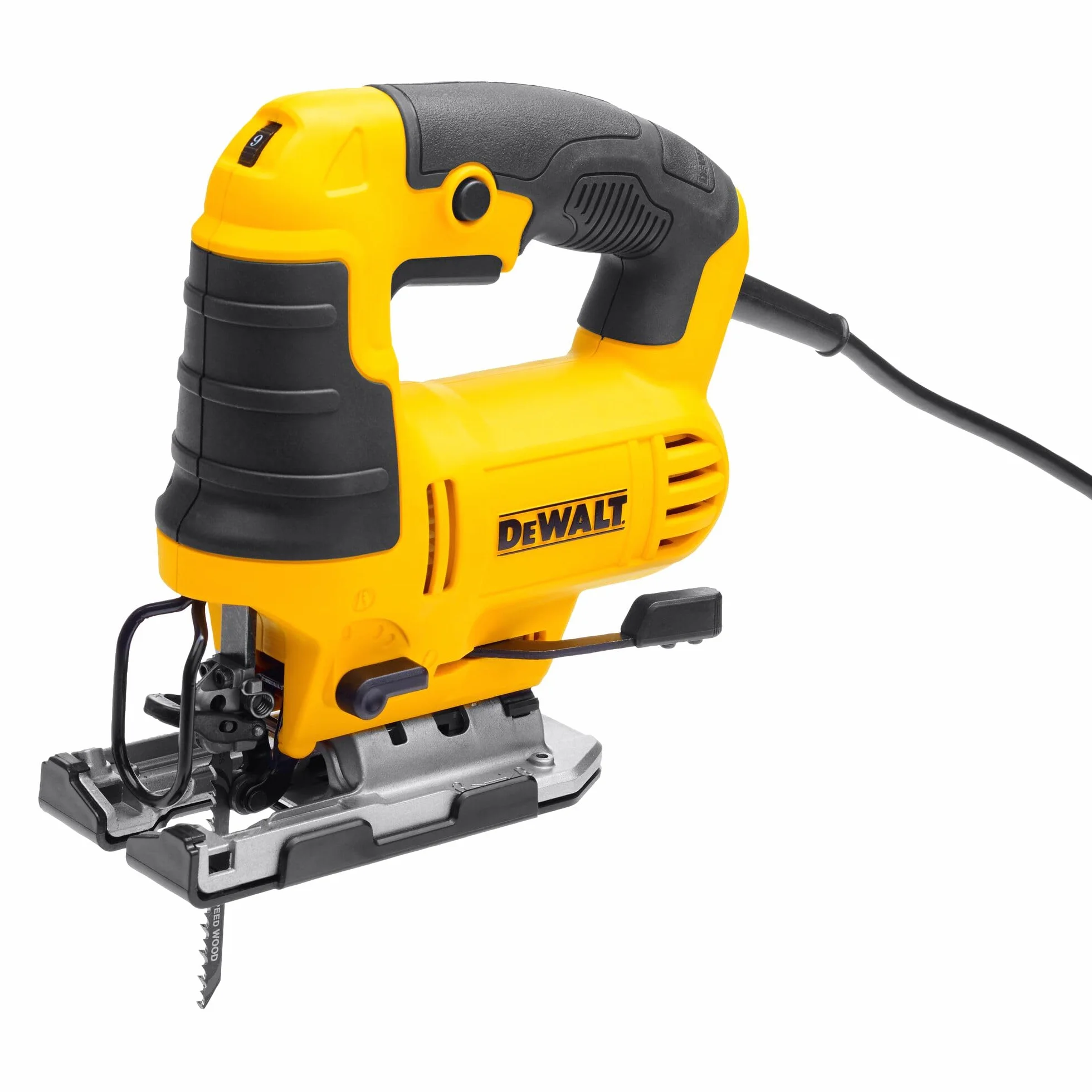 Dewalt Wyrzynarka wahadłowa 650 W DWE349 (3-krotny skok wahadłowy, z dmuchawą, wytrzymały aluminiowy but do piły, regulowany kąt nachylenia bez użycia narzędzi, w zestawie nakładka ochronna na but